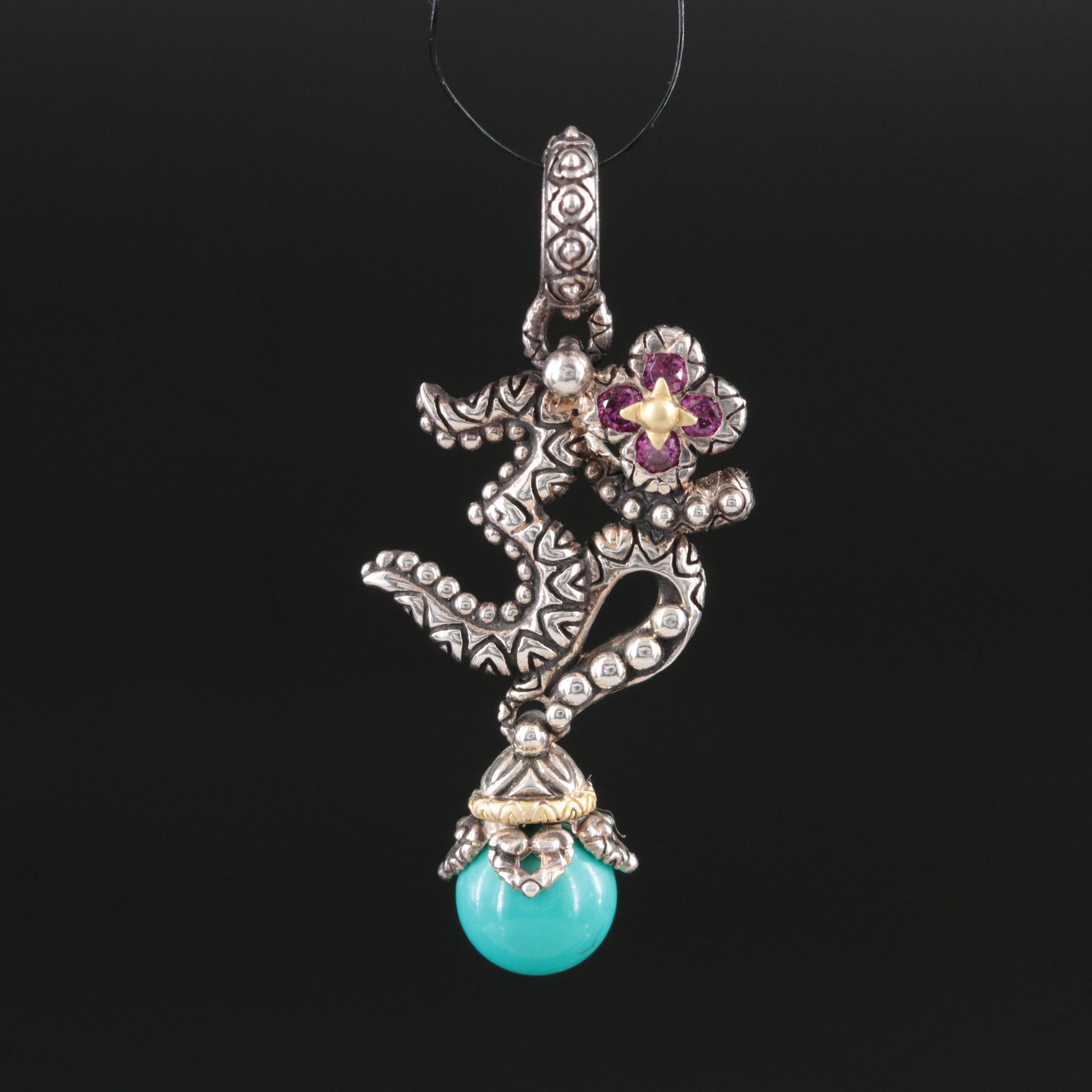 Barbara Bixby Sterling Turquoise and Garnet Om Pendant with 18K Accents