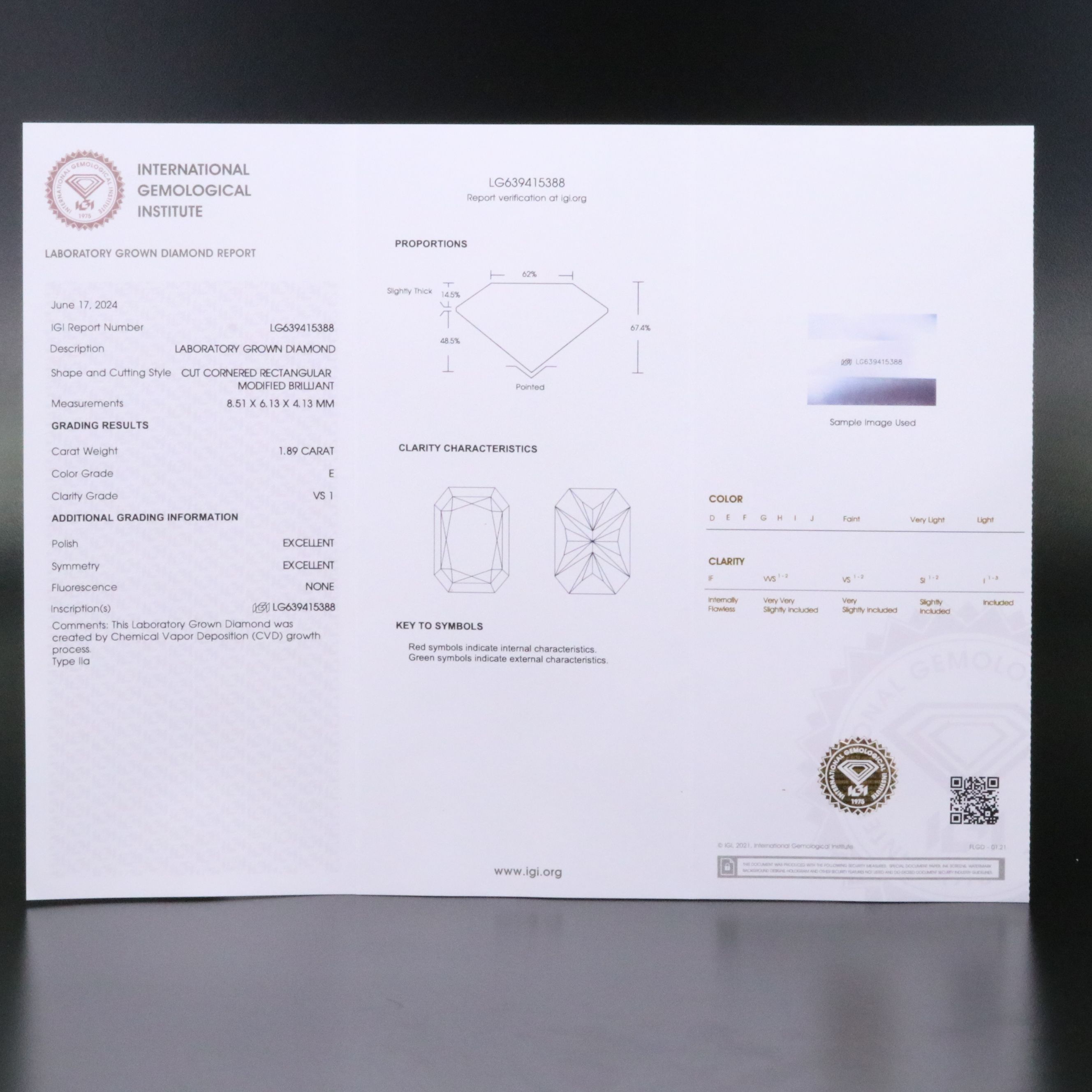 Loose 1.89 CT Lab Grown Diamond with IGI Report