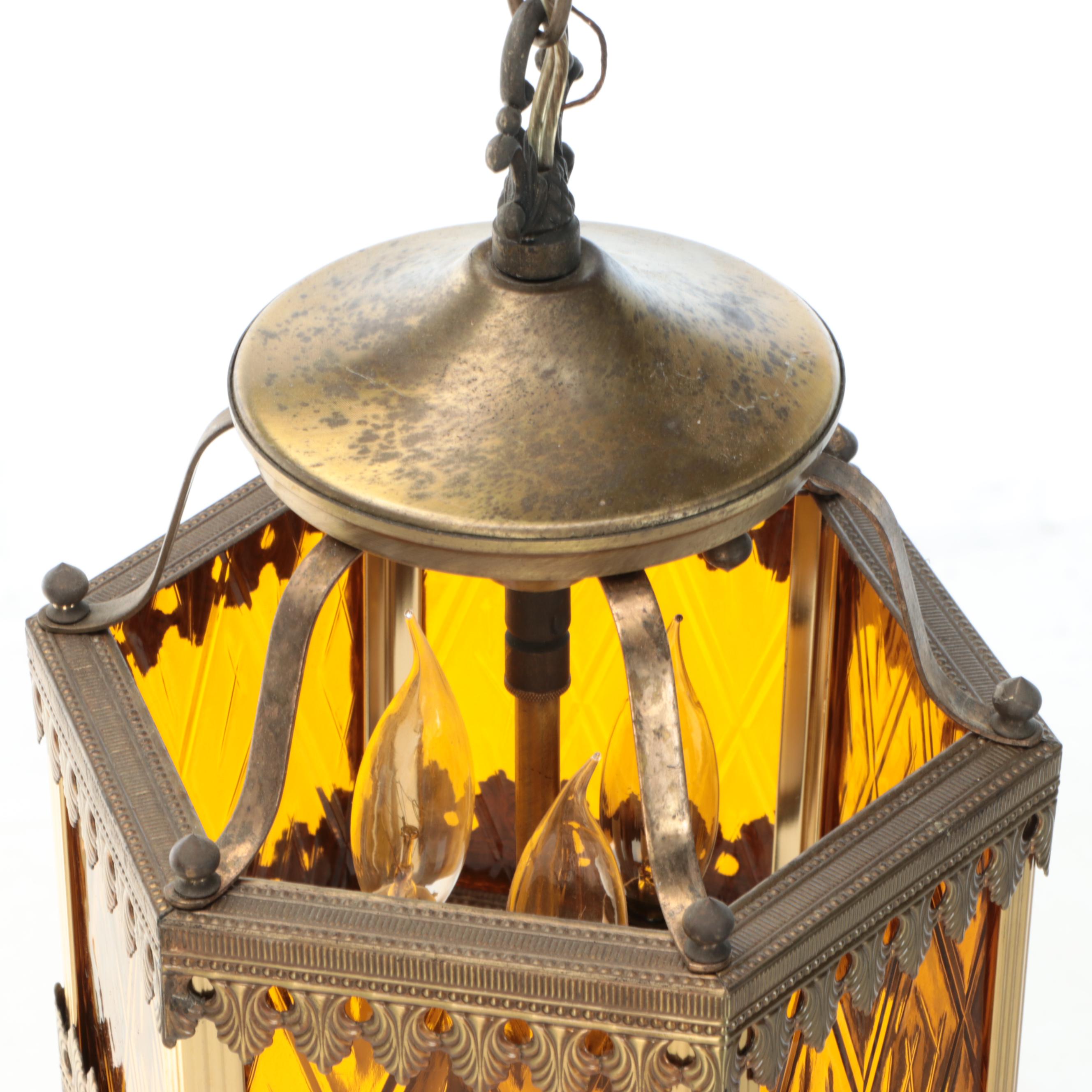 Gothic Revival Style Brass and Textured Amber Glass Pendant Light