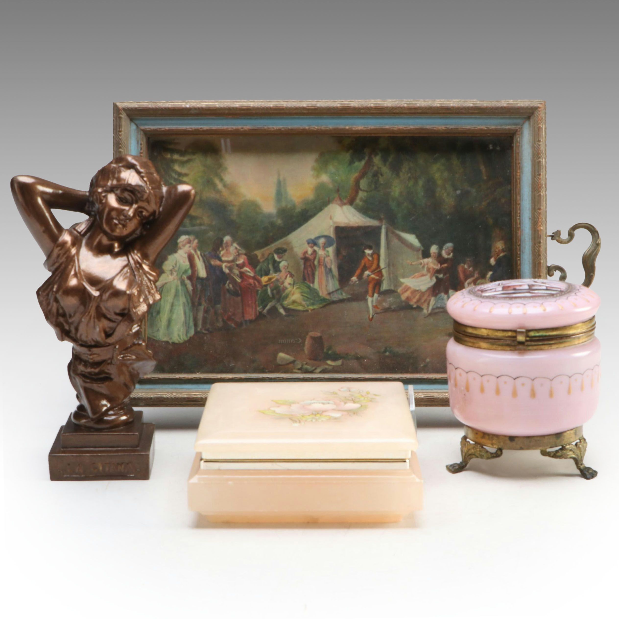 "La Gitana" Bronzed Metal Bust with Alabaster and Glass Boxes and Scenic Tray