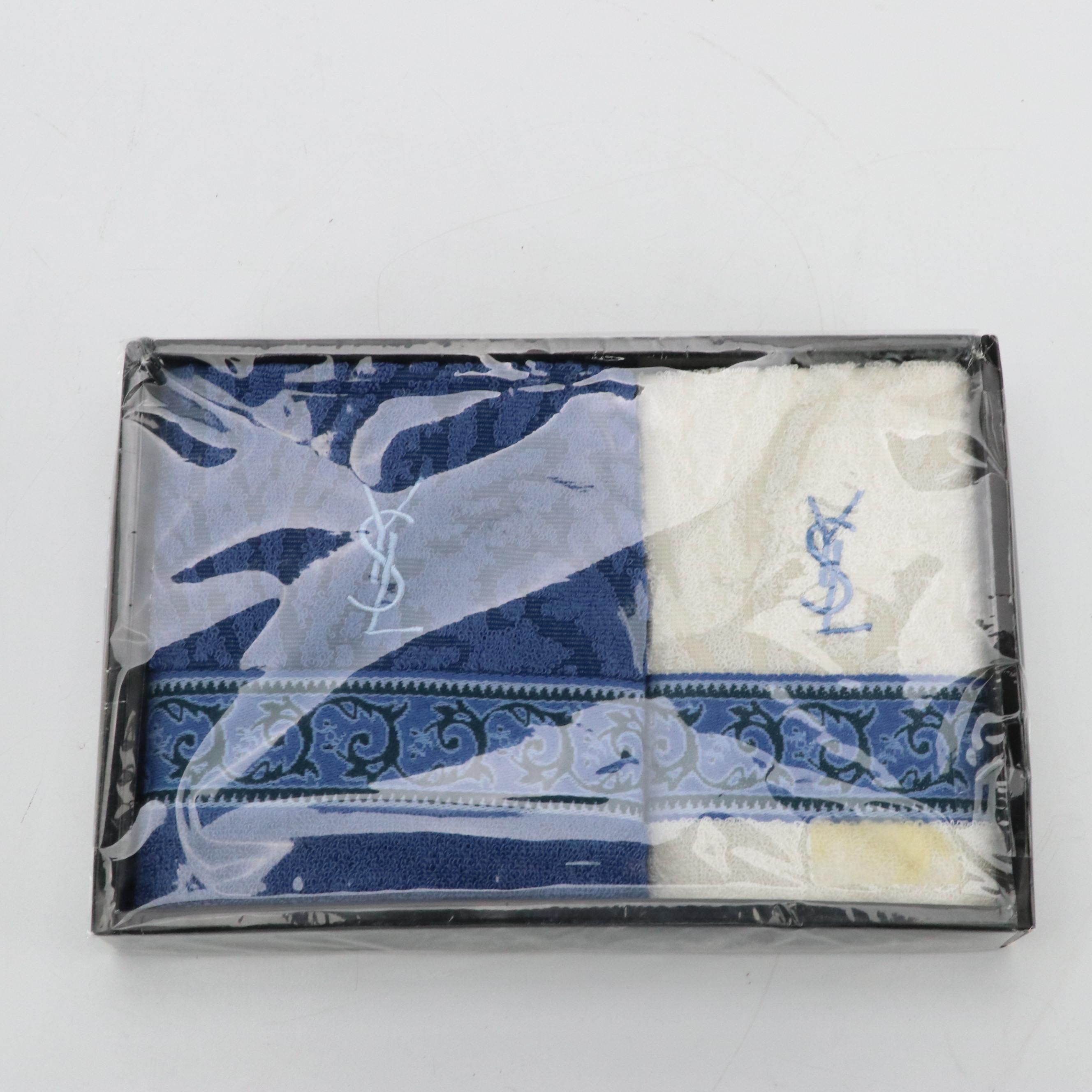 Boxed Yves Saint Laurent Blue/White Cotton Bath Linens, Late 20th Century
