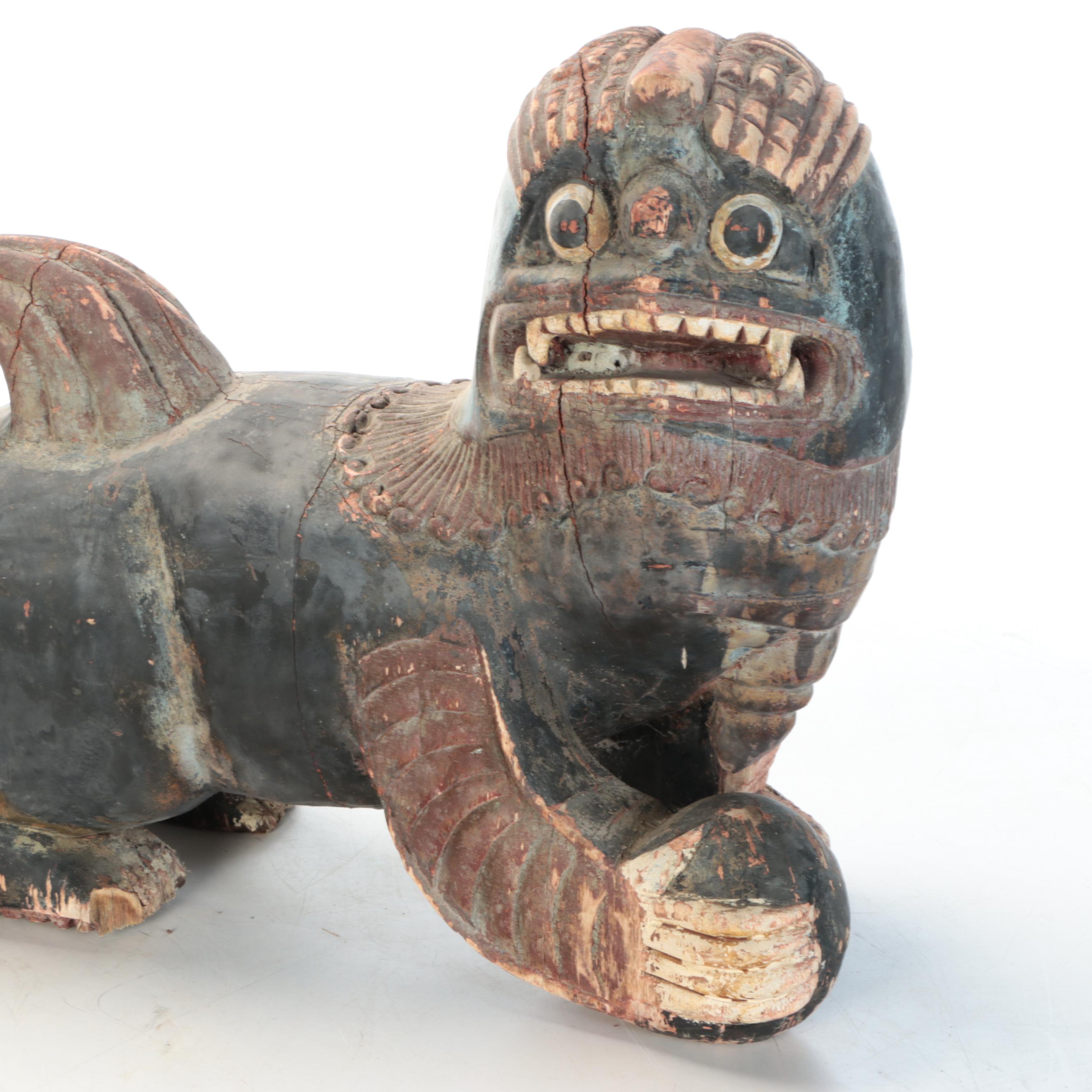 East Asian Hand-Painted Wood Guardian Lions