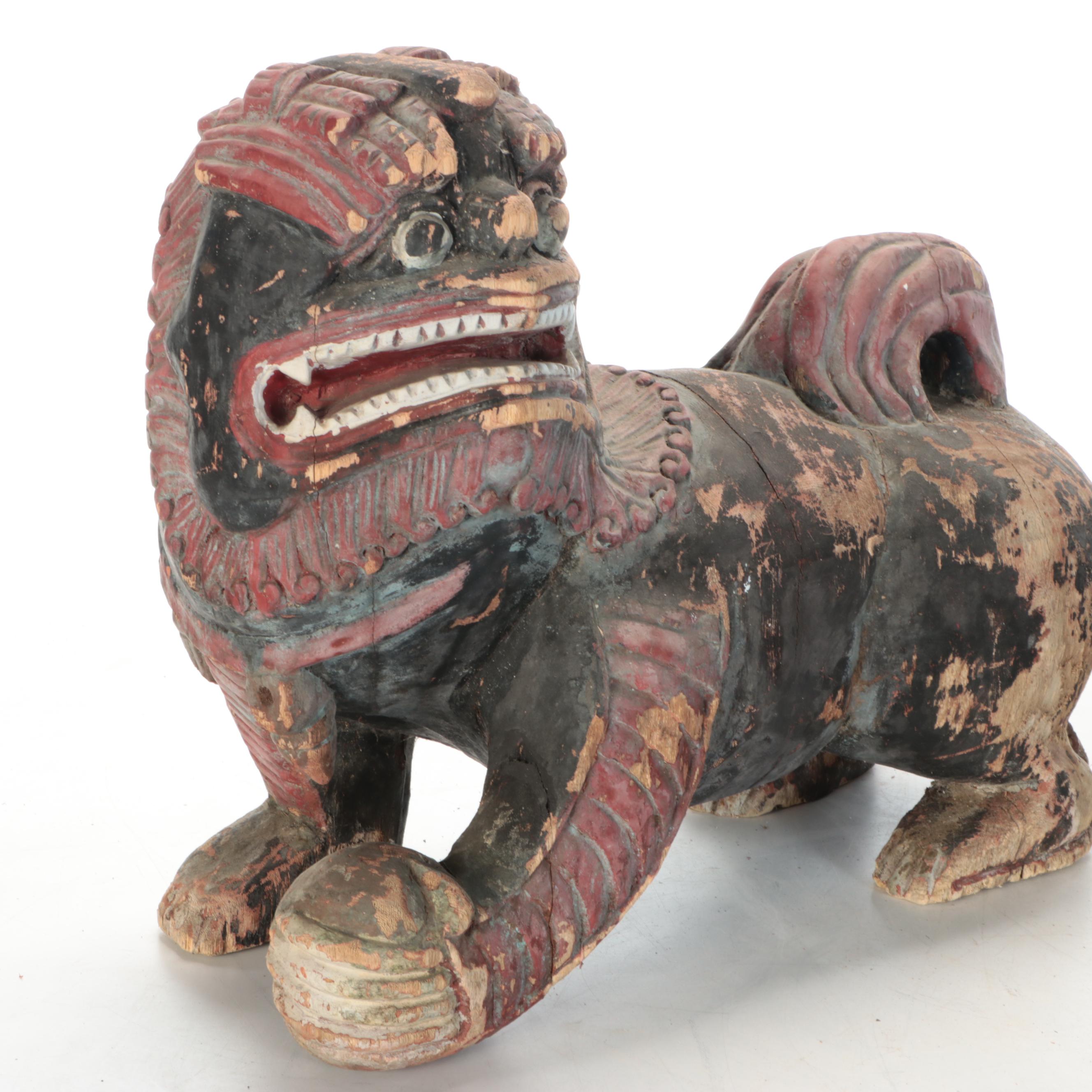East Asian Hand-Painted Wood Guardian Lions
