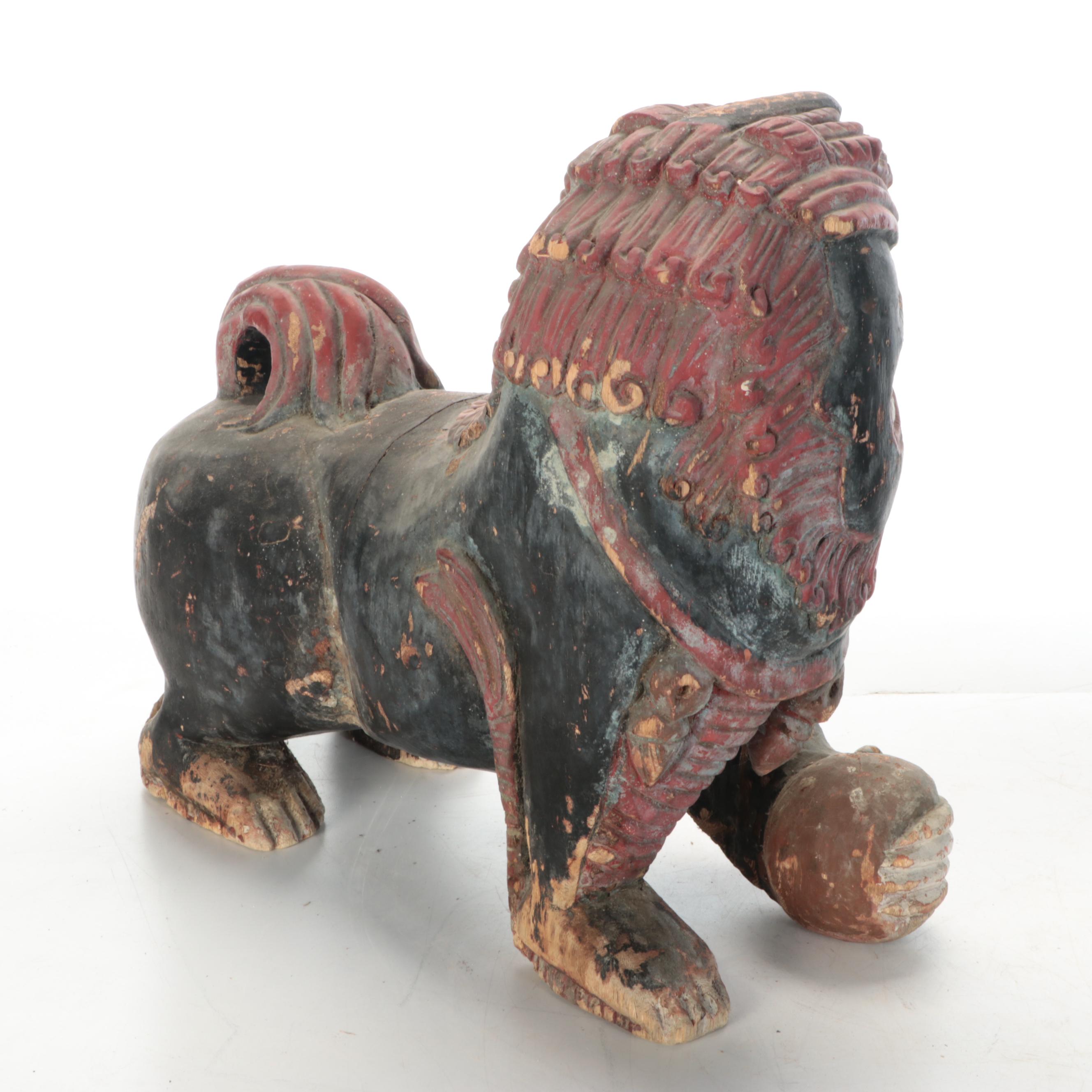 East Asian Hand-Painted Wood Guardian Lions
