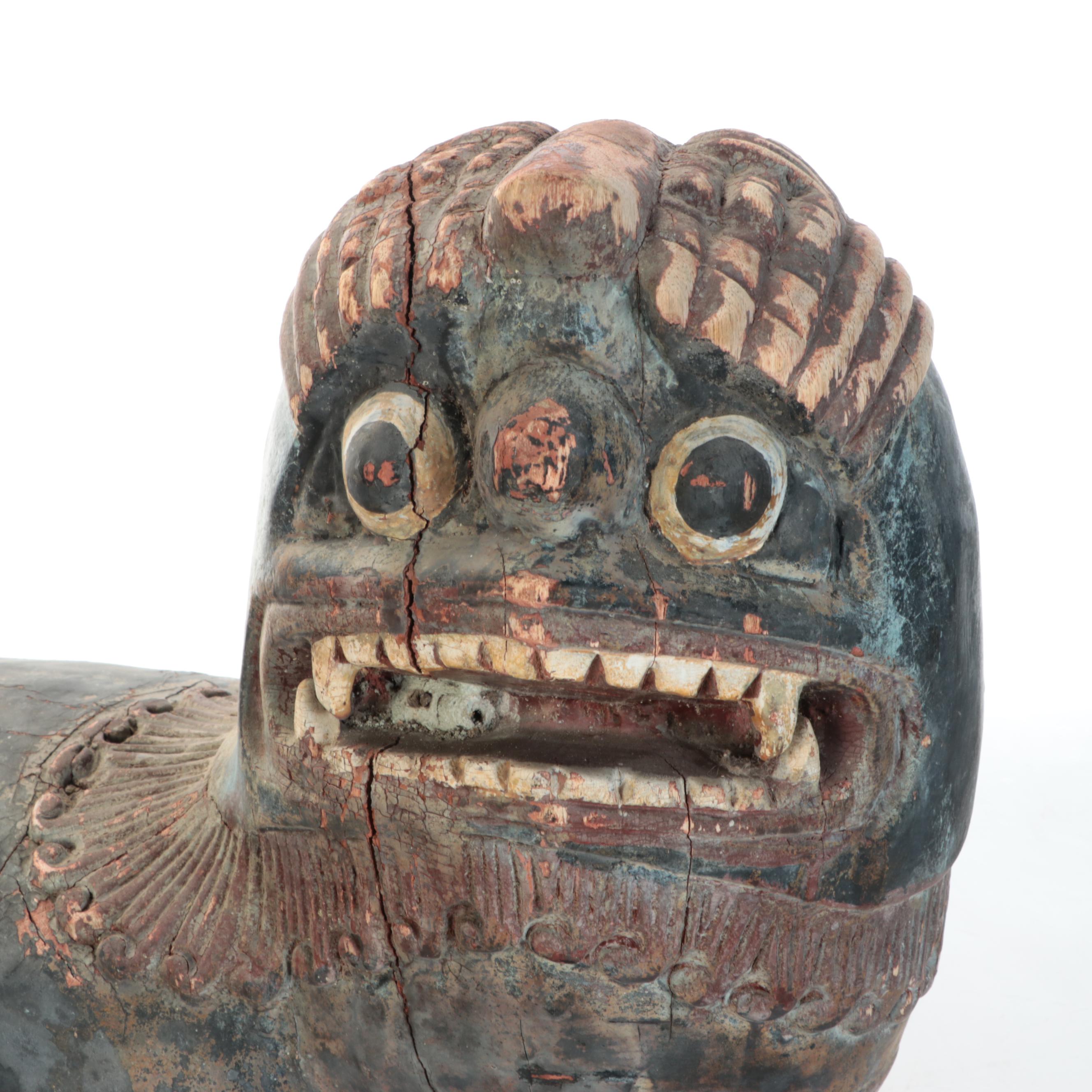 East Asian Hand-Painted Wood Guardian Lions