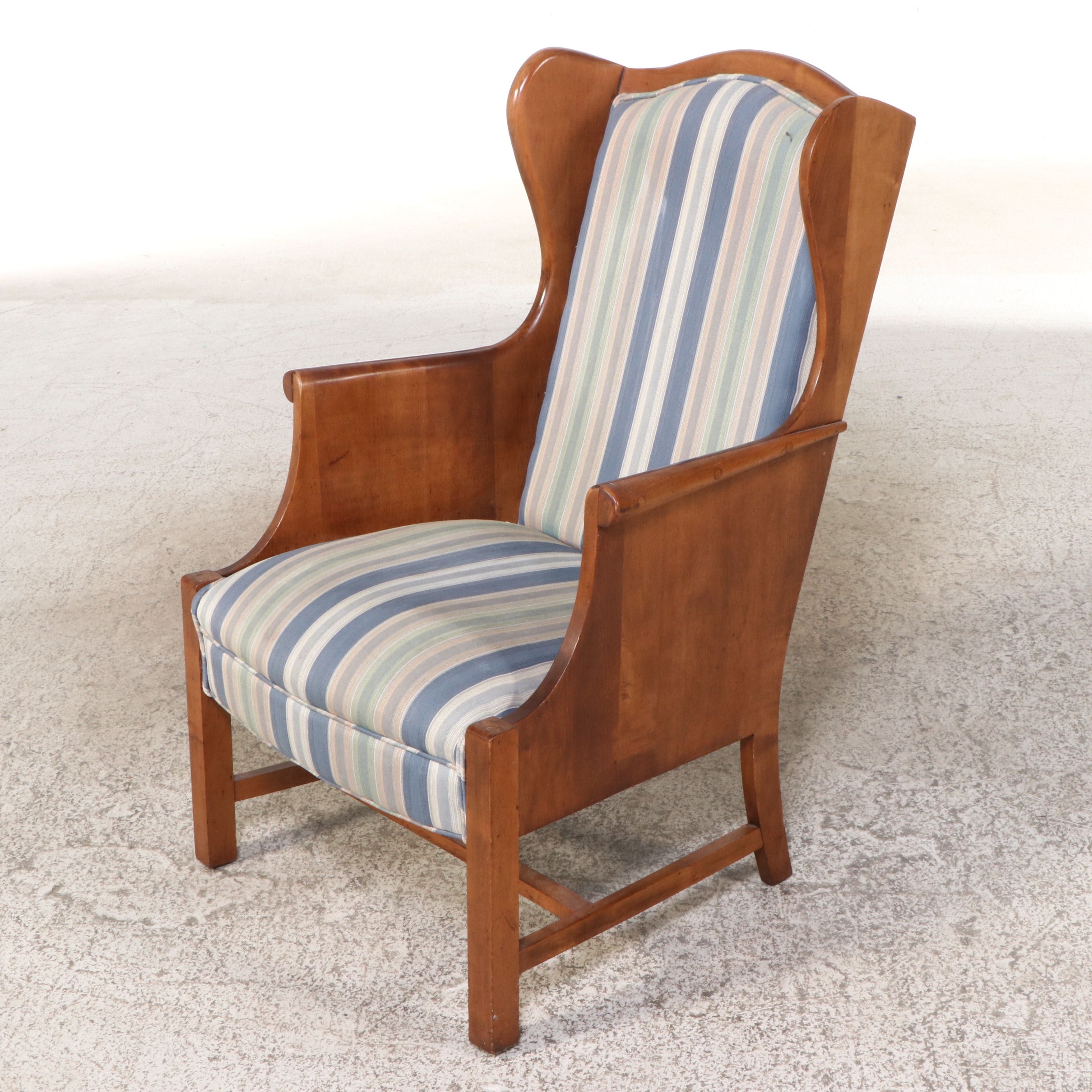 Georgian Style Striped Upholstered Cherry Finish Wingback Chair
