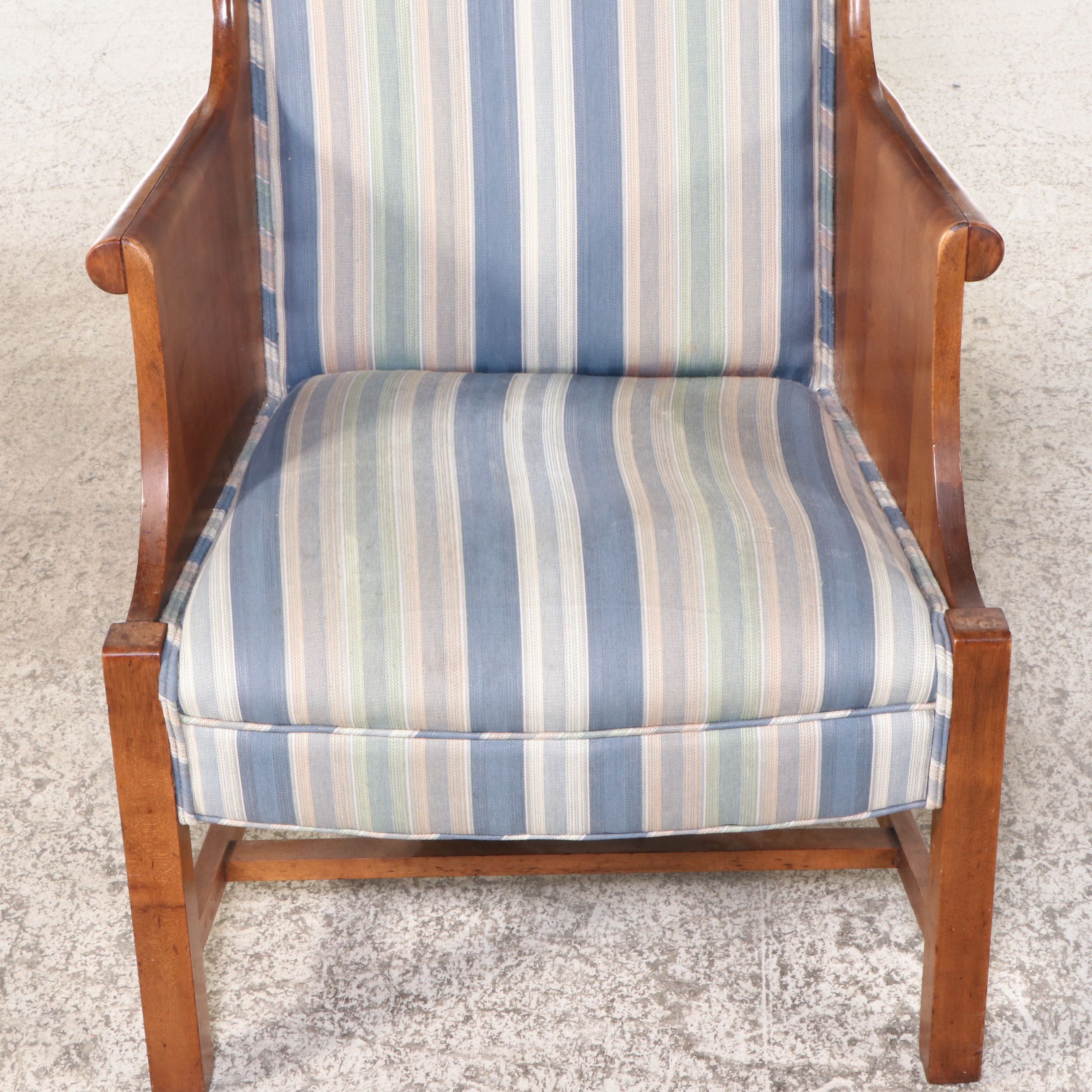 Georgian Style Striped Upholstered Cherry Finish Wingback Chair