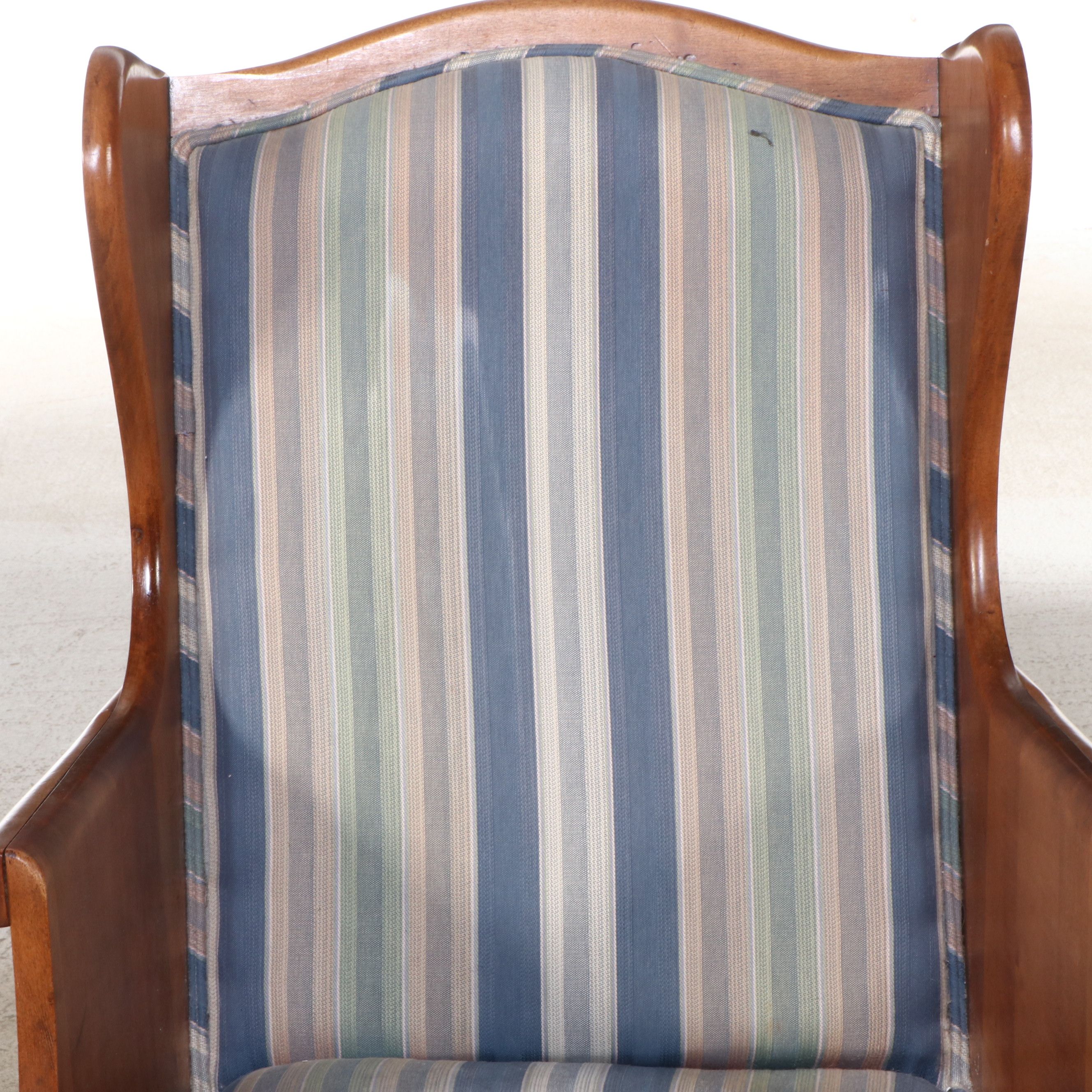 Georgian Style Striped Upholstered Cherry Finish Wingback Chair