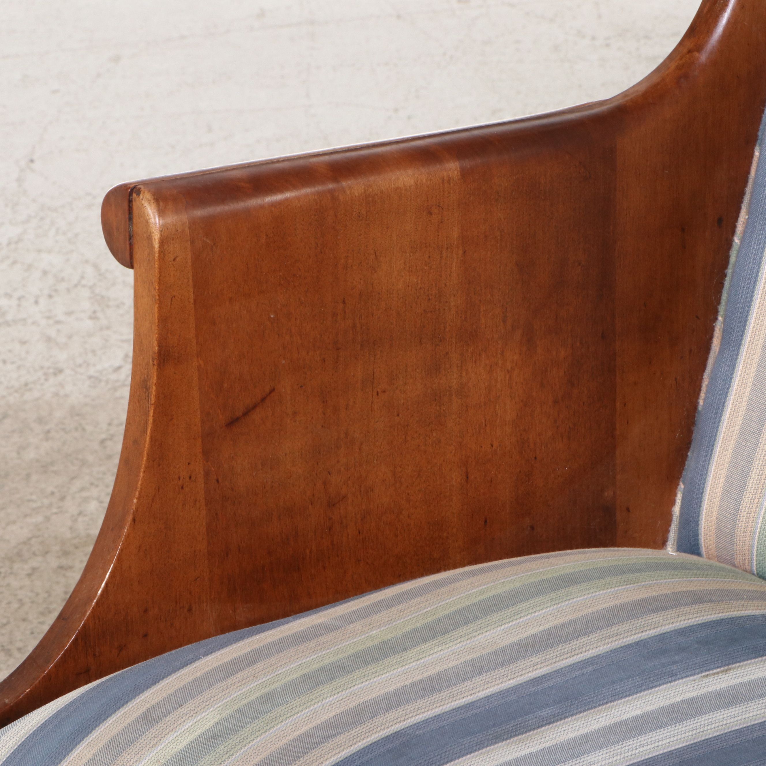 Georgian Style Striped Upholstered Cherry Finish Wingback Chair