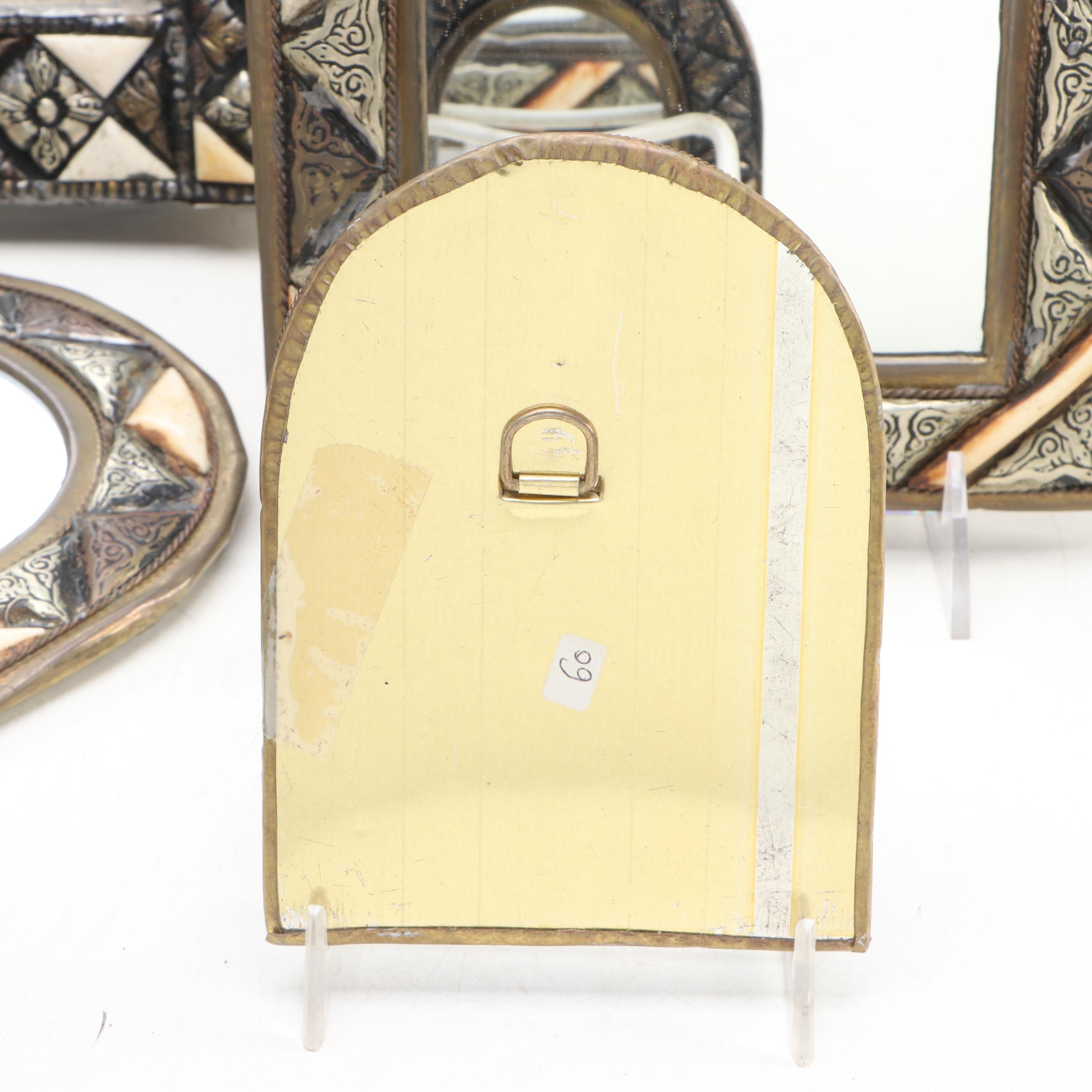 Middle Eastern Inlaid Camel Bone Metal Mirrors with Bellow and Decorative Boxes