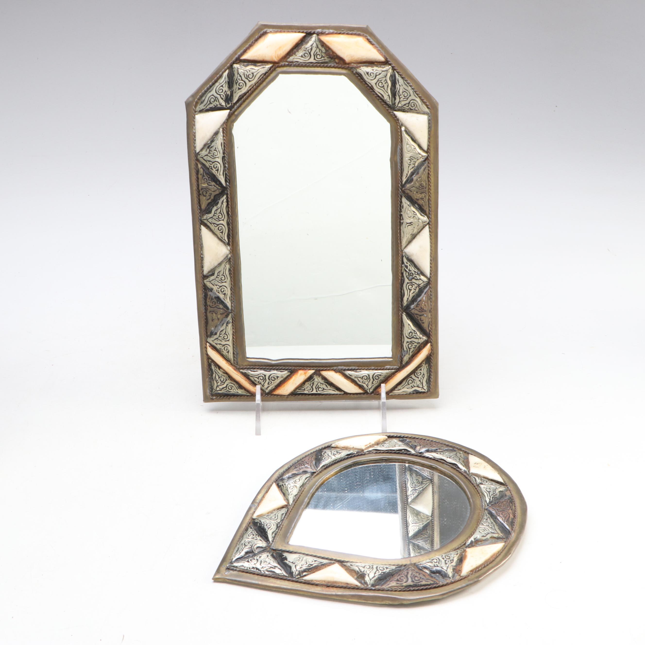 Middle Eastern Inlaid Camel Bone Metal Mirrors with Bellow and Decorative Boxes