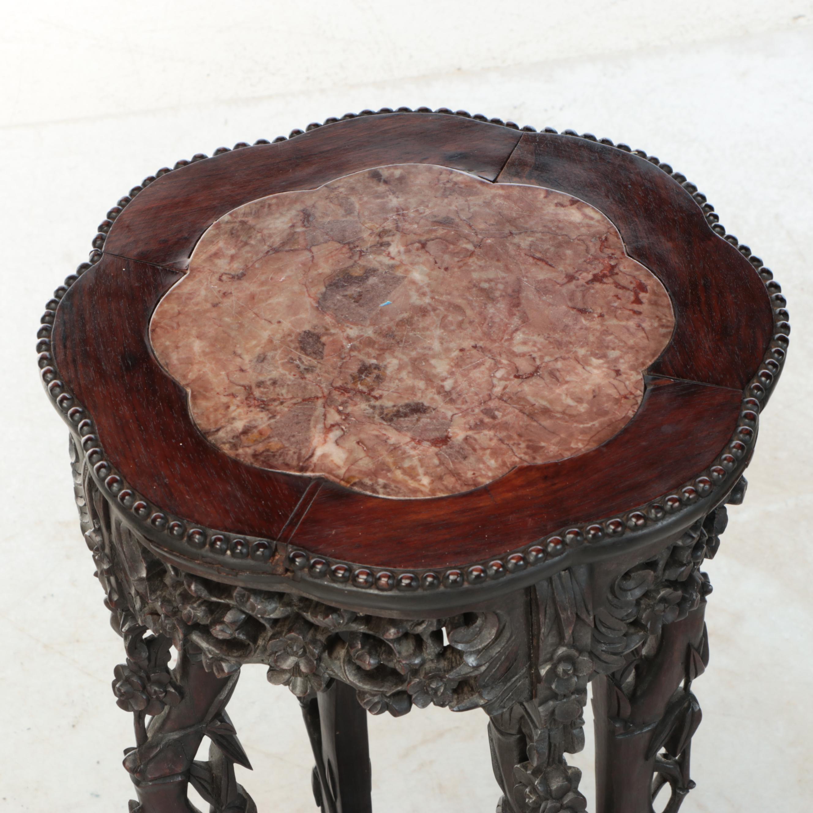 Chinese Qing Dynasty Carved Rosewood Plant Stand with Pink Marble Inlaid Top