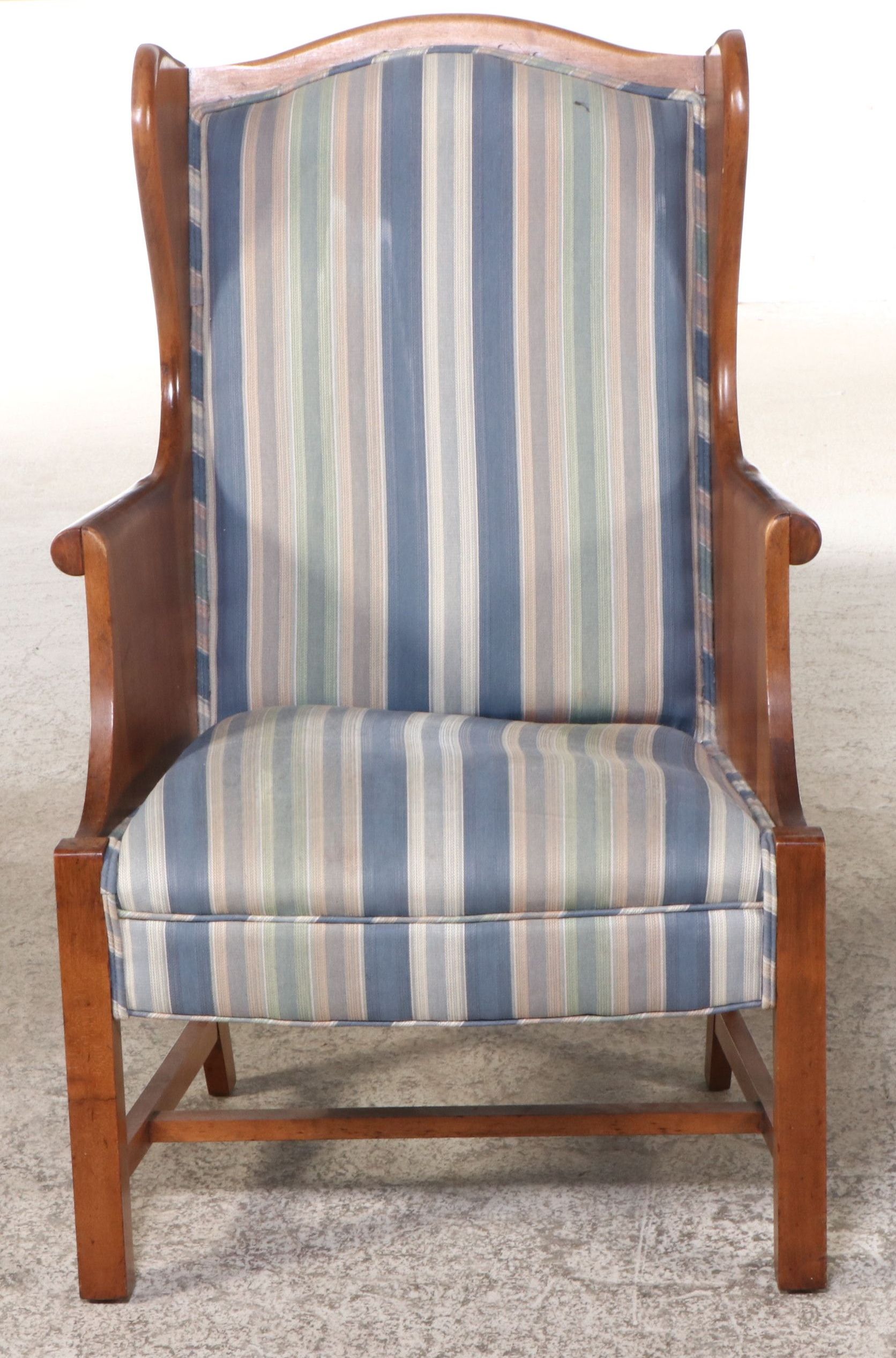 Georgian Style Striped Upholstered Cherry Finish Wingback Chair