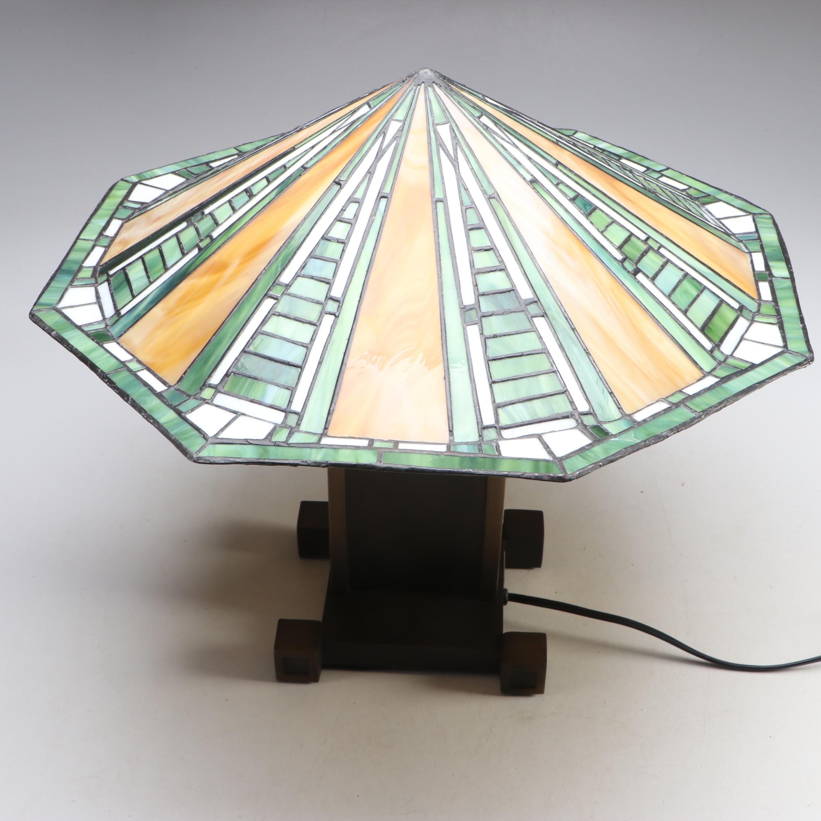 Mission Style Metal Table Lamp with Geometric Slag Glass Shade
