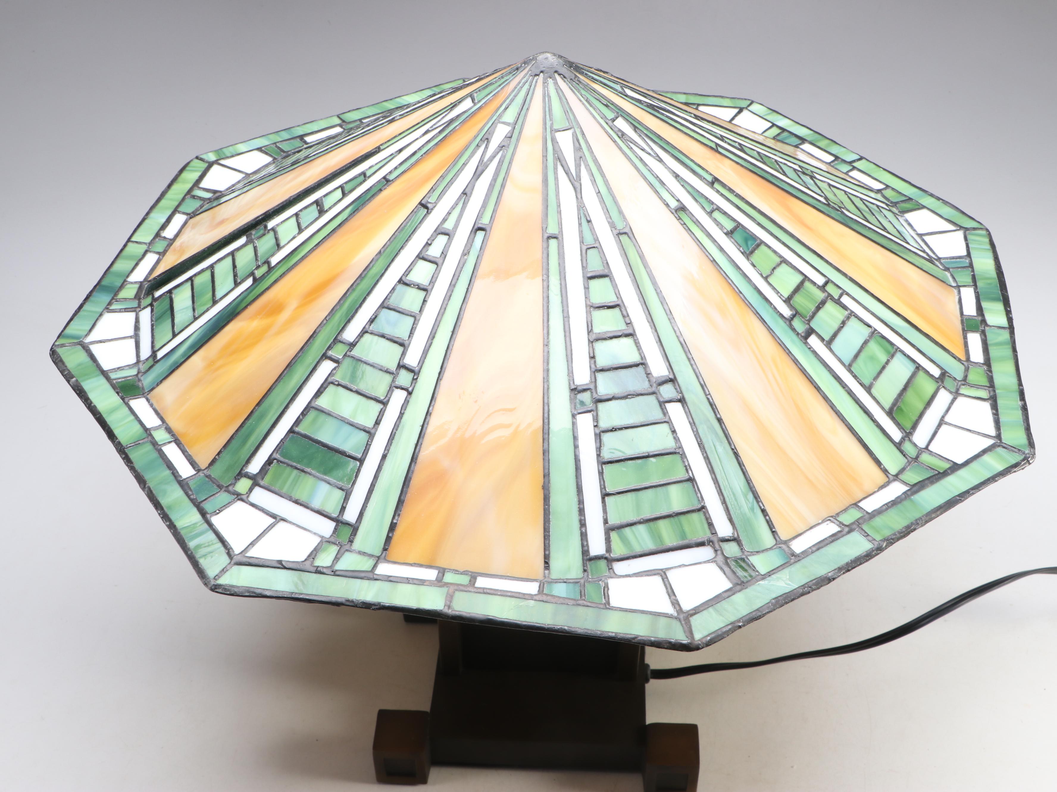 Mission Style Metal Table Lamp with Geometric Slag Glass Shade