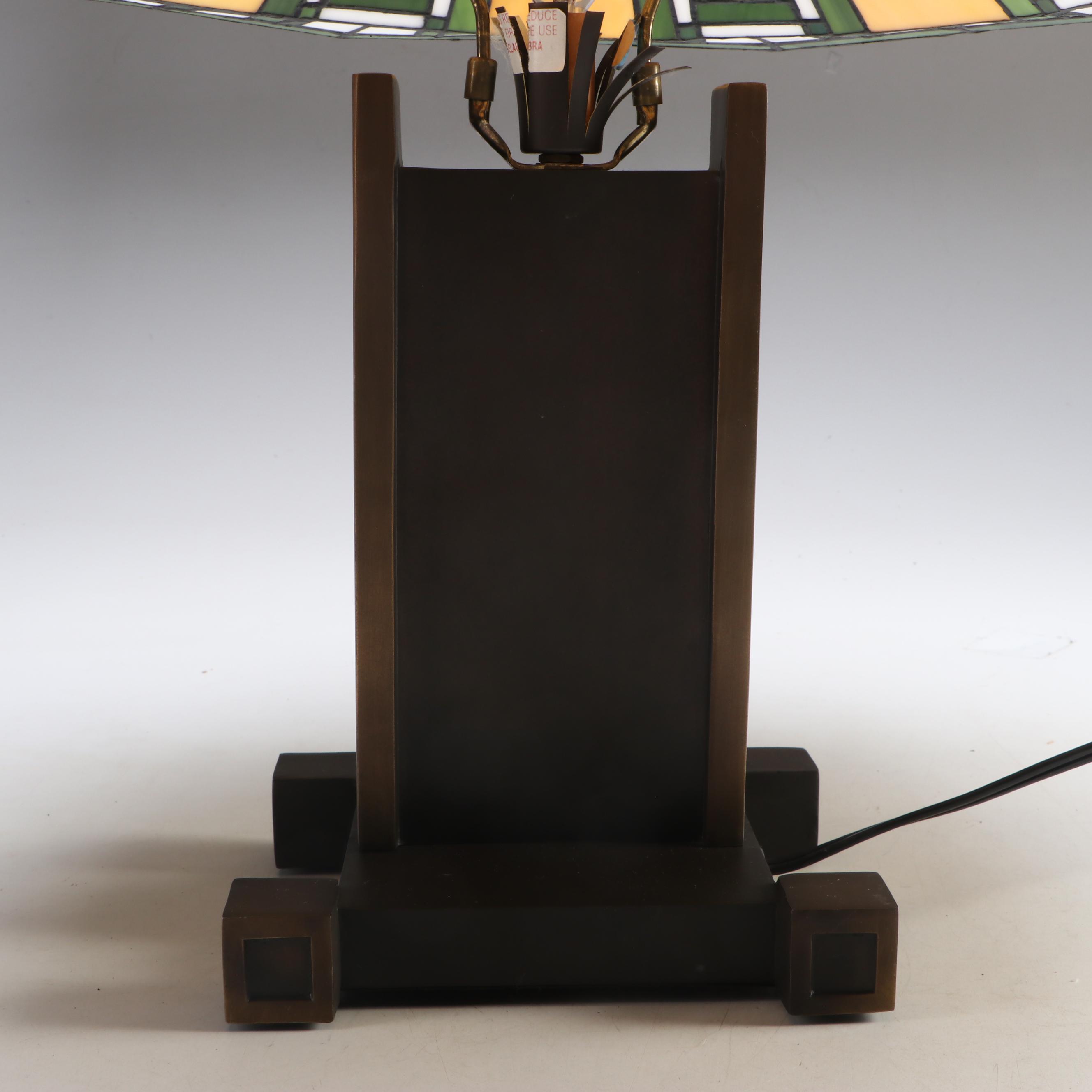Mission Style Metal Table Lamp with Geometric Slag Glass Shade