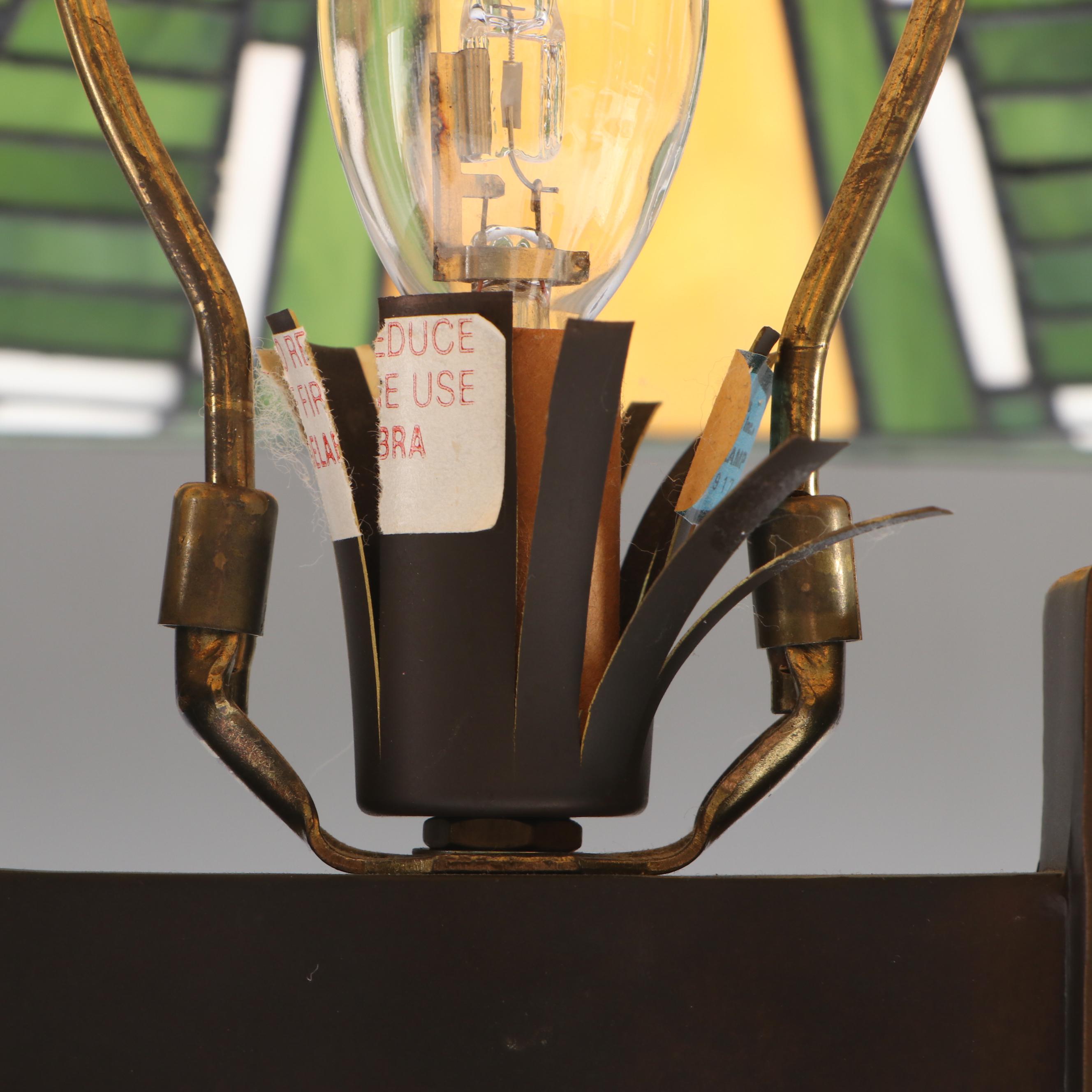 Mission Style Metal Table Lamp with Geometric Slag Glass Shade