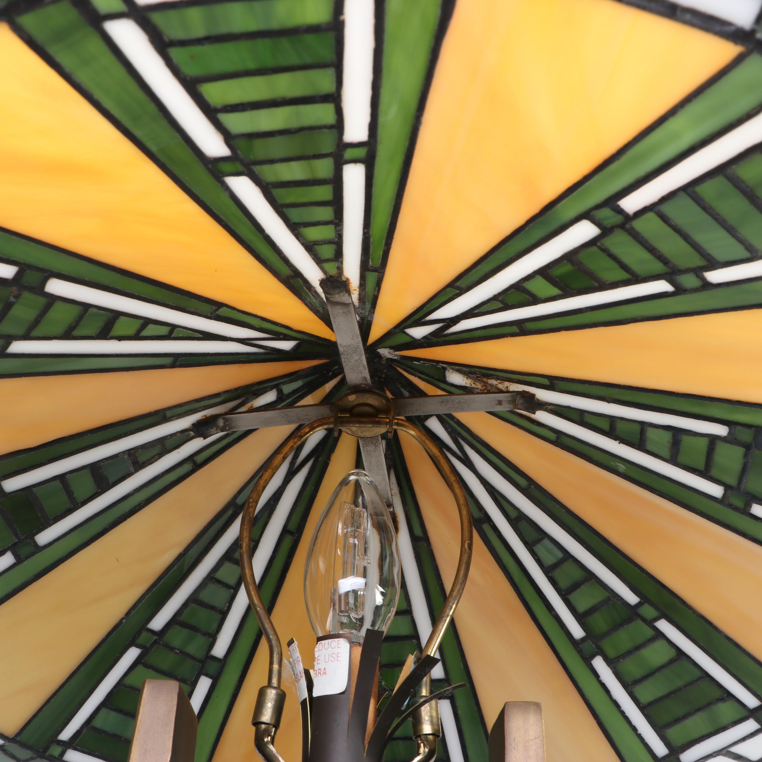 Mission Style Metal Table Lamp with Geometric Slag Glass Shade