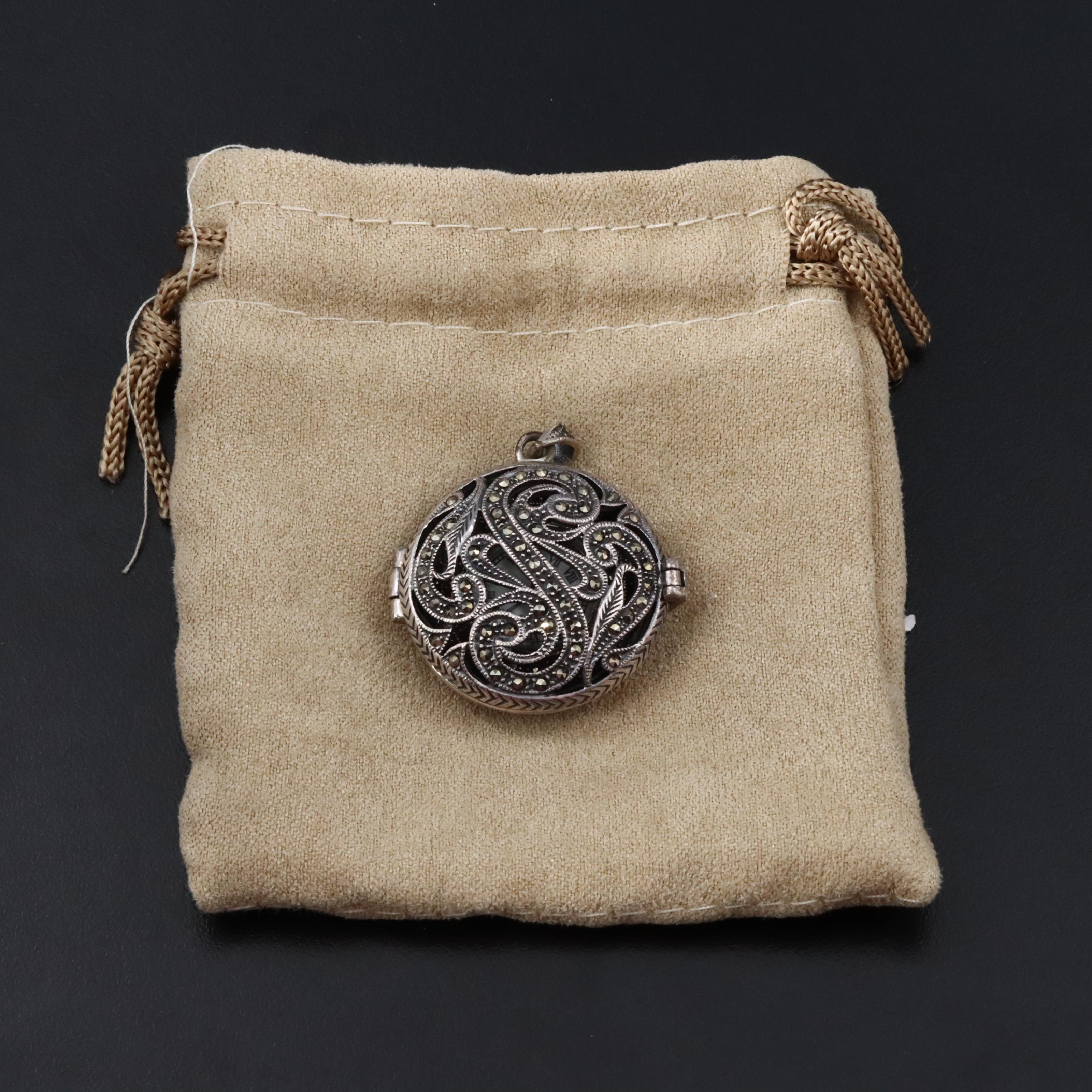 Sterling and Marcasite Filigree Quartz Pendant Watch with Mother of Pearl Dial