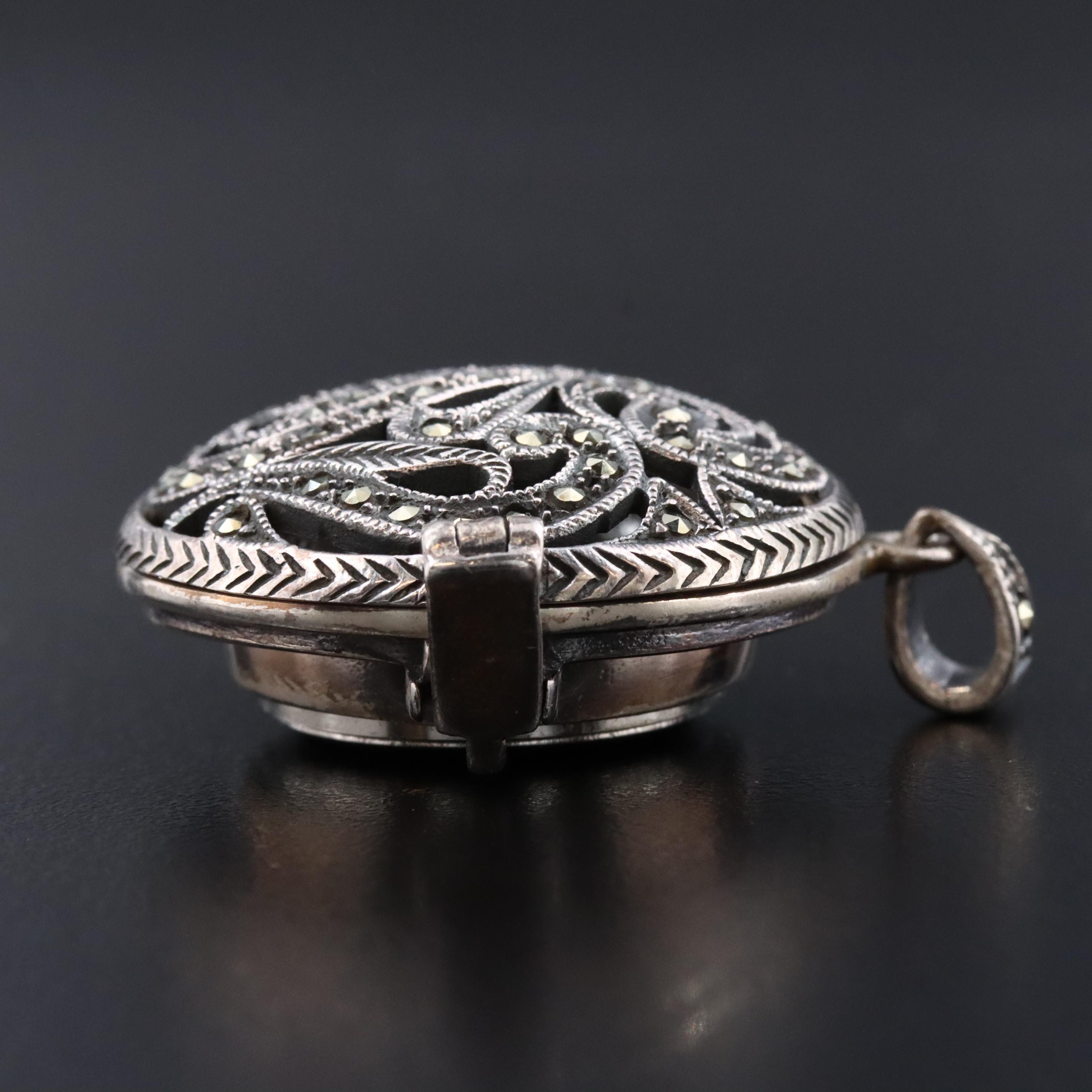 Sterling and Marcasite Filigree Quartz Pendant Watch with Mother of Pearl Dial