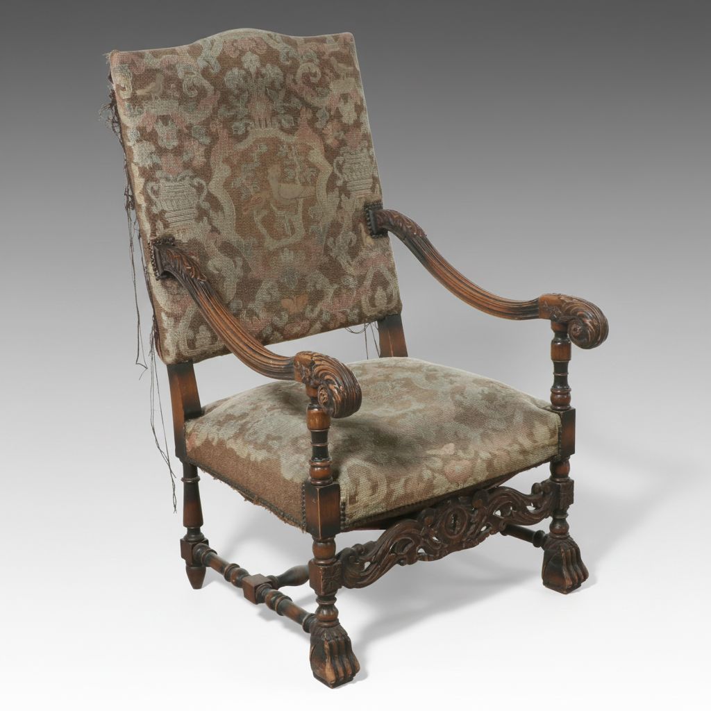 Louis XIII Style Carved Wood Armchair with Jacquard Woven Upholstery