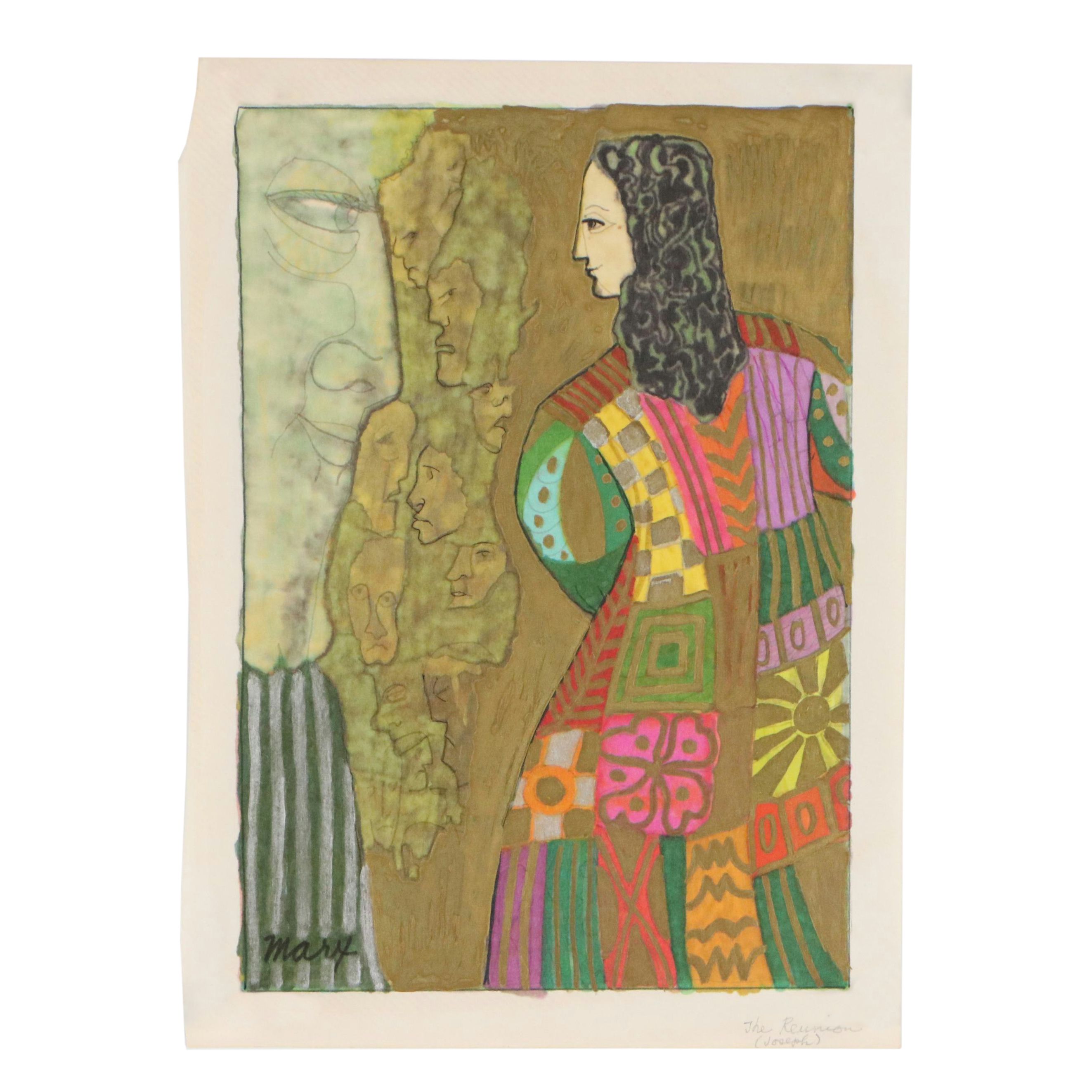 Evelyn Marx Mixed Media Drawing "The Reunion (Joseph)," Late 20th Century