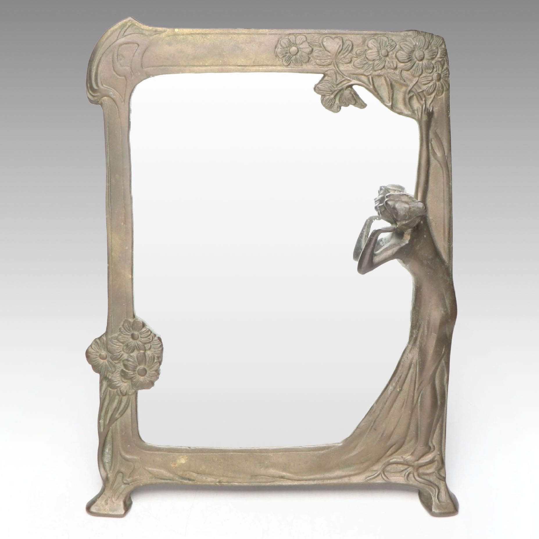 Art Nouveau "Lady of the Lake" Brass Easel Mirror, Early 20th Century