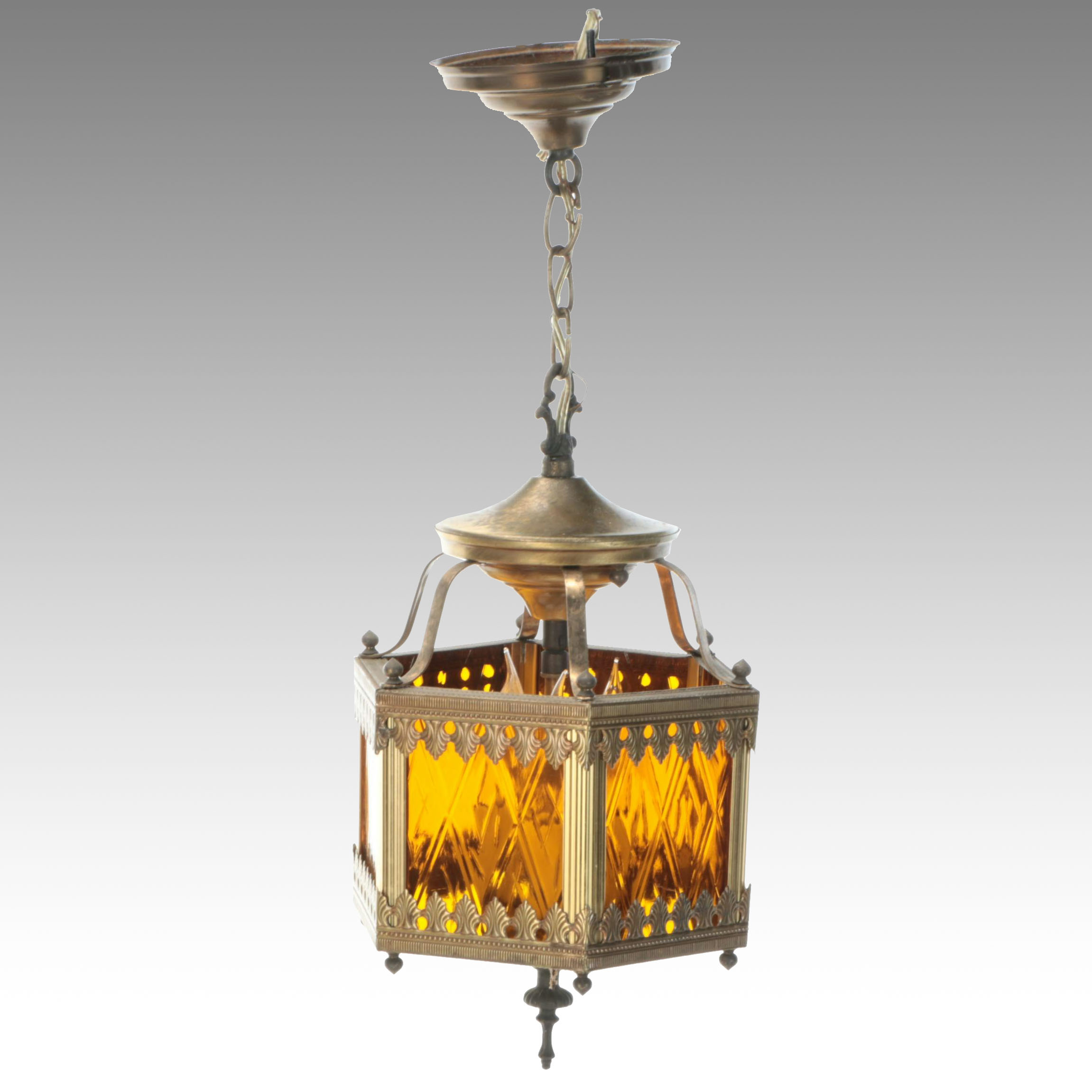 Gothic Revival Style Brass and Textured Amber Glass Pendant Light