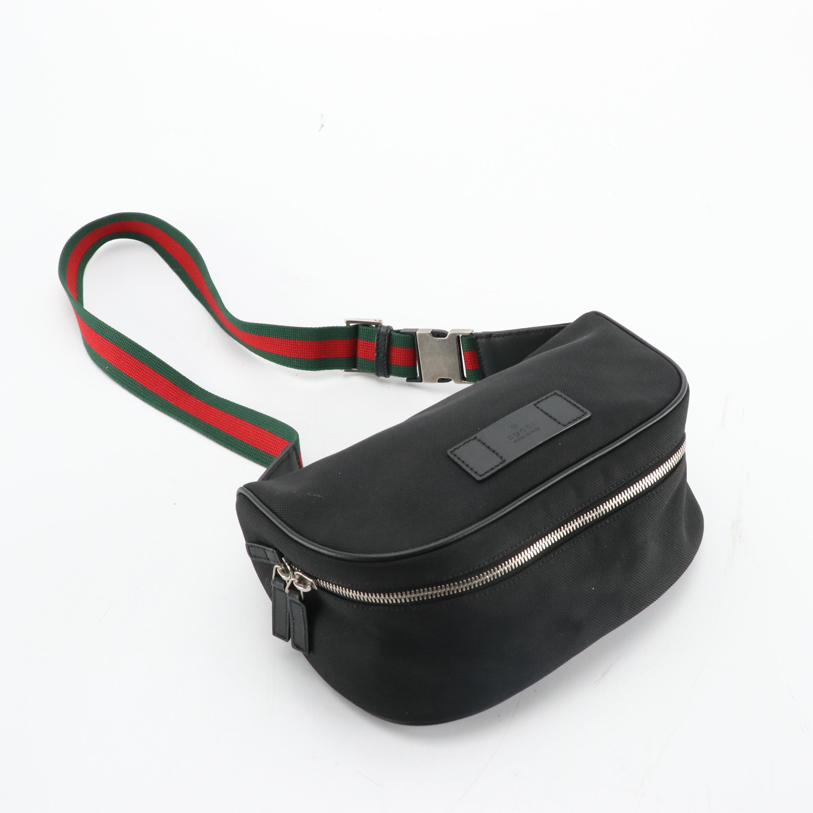 Gucci Black Techno Canvas Web Strap Belt Bag with Leather Trim