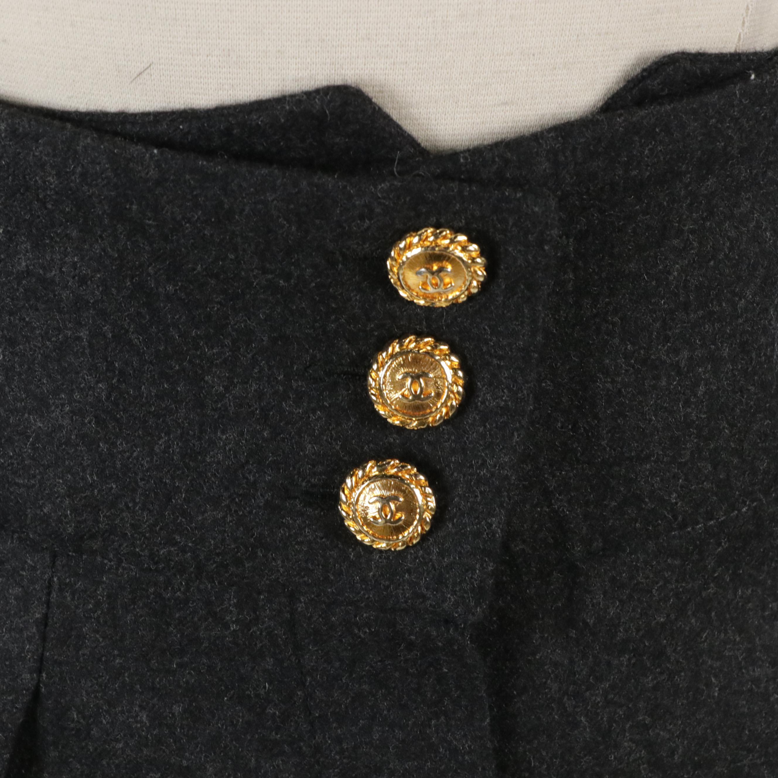 Chanel Boutique Charcoal Grey Wool Pleated and Cuffed Trousers with CC Buttons