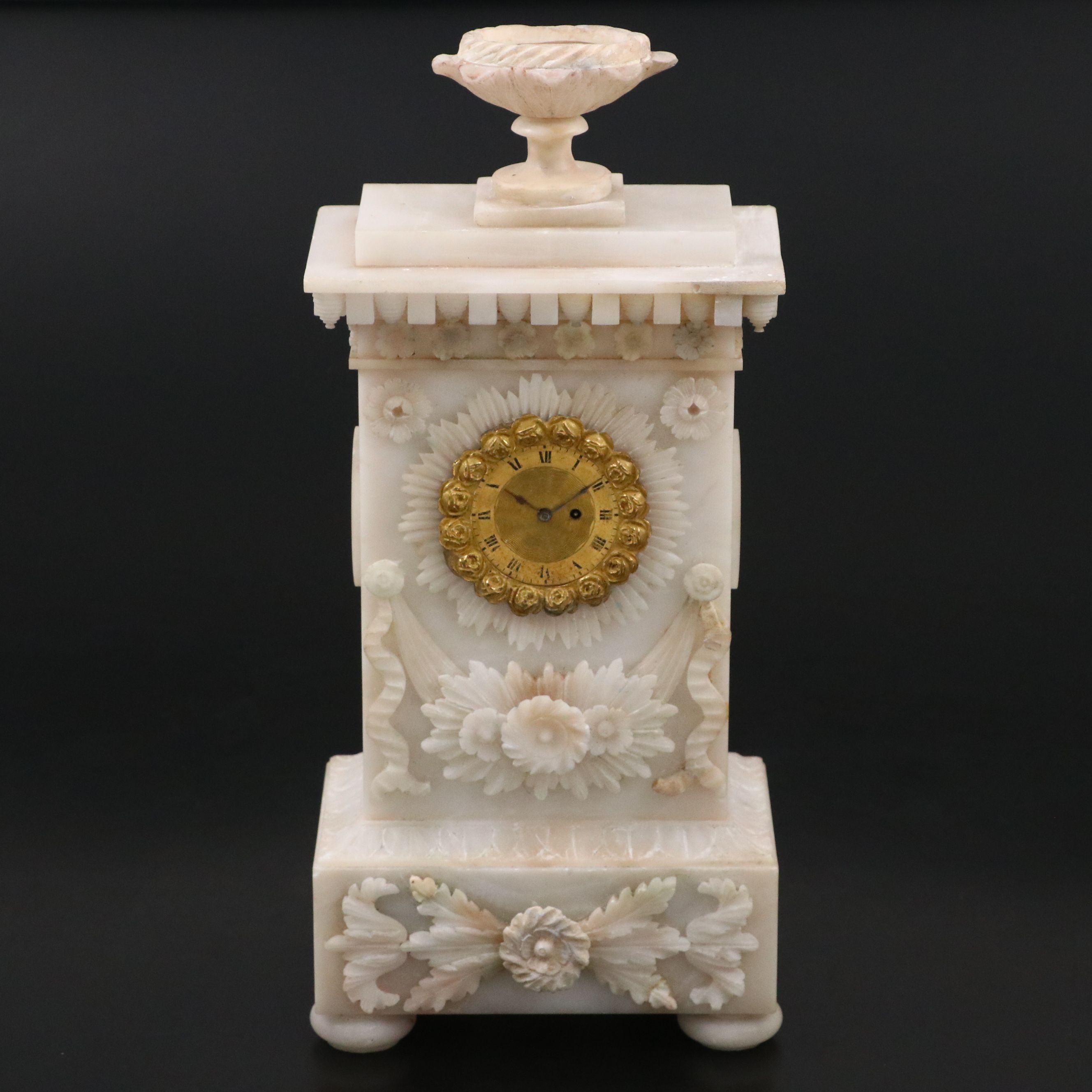 French Restoration Period Alabaster Portico Mantel Clock with Glass Cloche