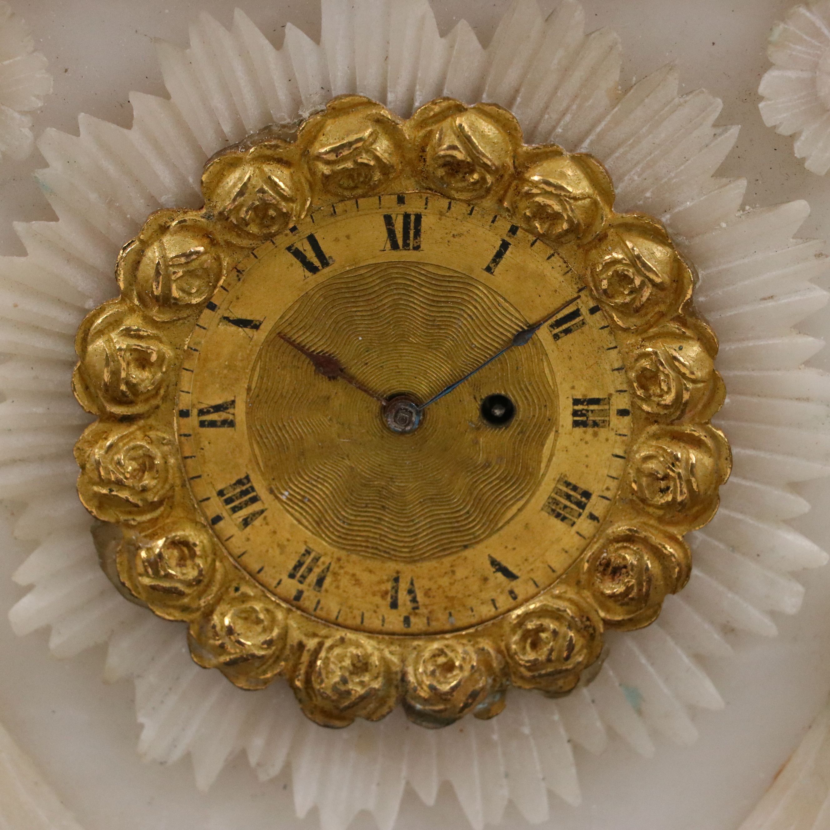French Restoration Period Alabaster Portico Mantel Clock with Glass Cloche