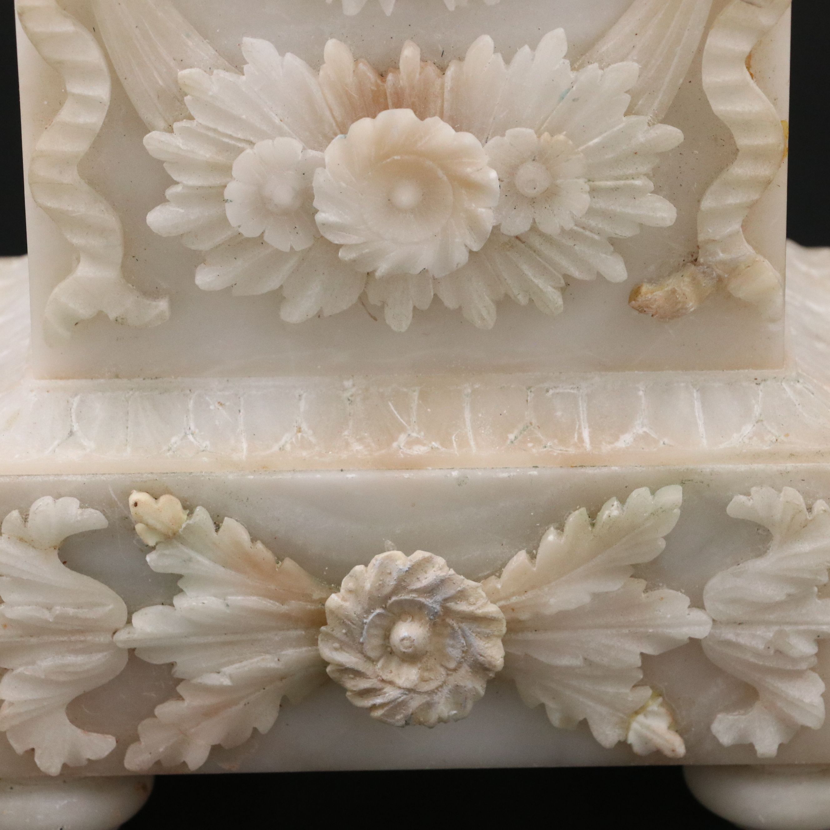 French Restoration Period Alabaster Portico Mantel Clock with Glass Cloche