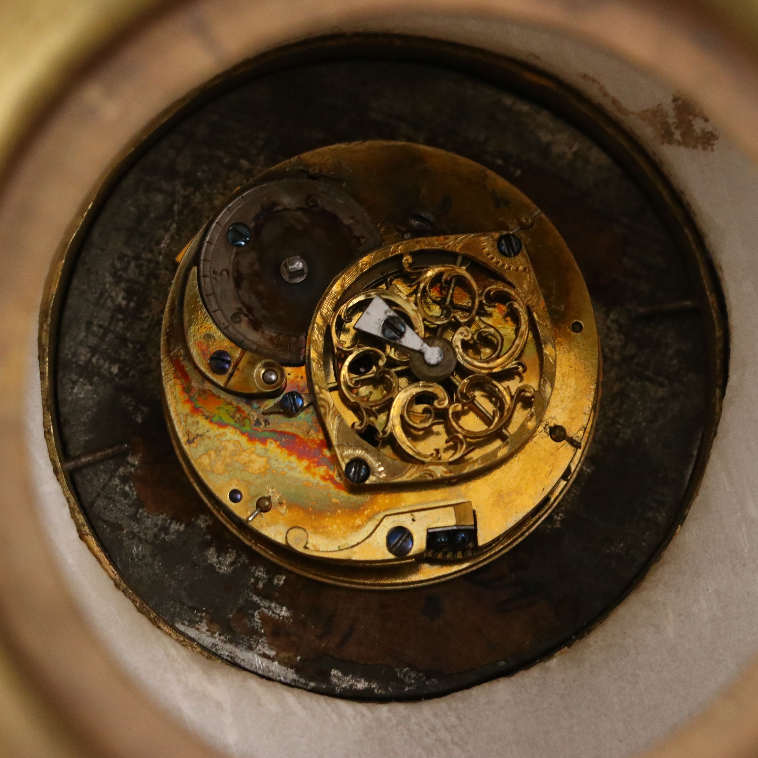 French Restoration Period Alabaster Portico Mantel Clock with Glass Cloche