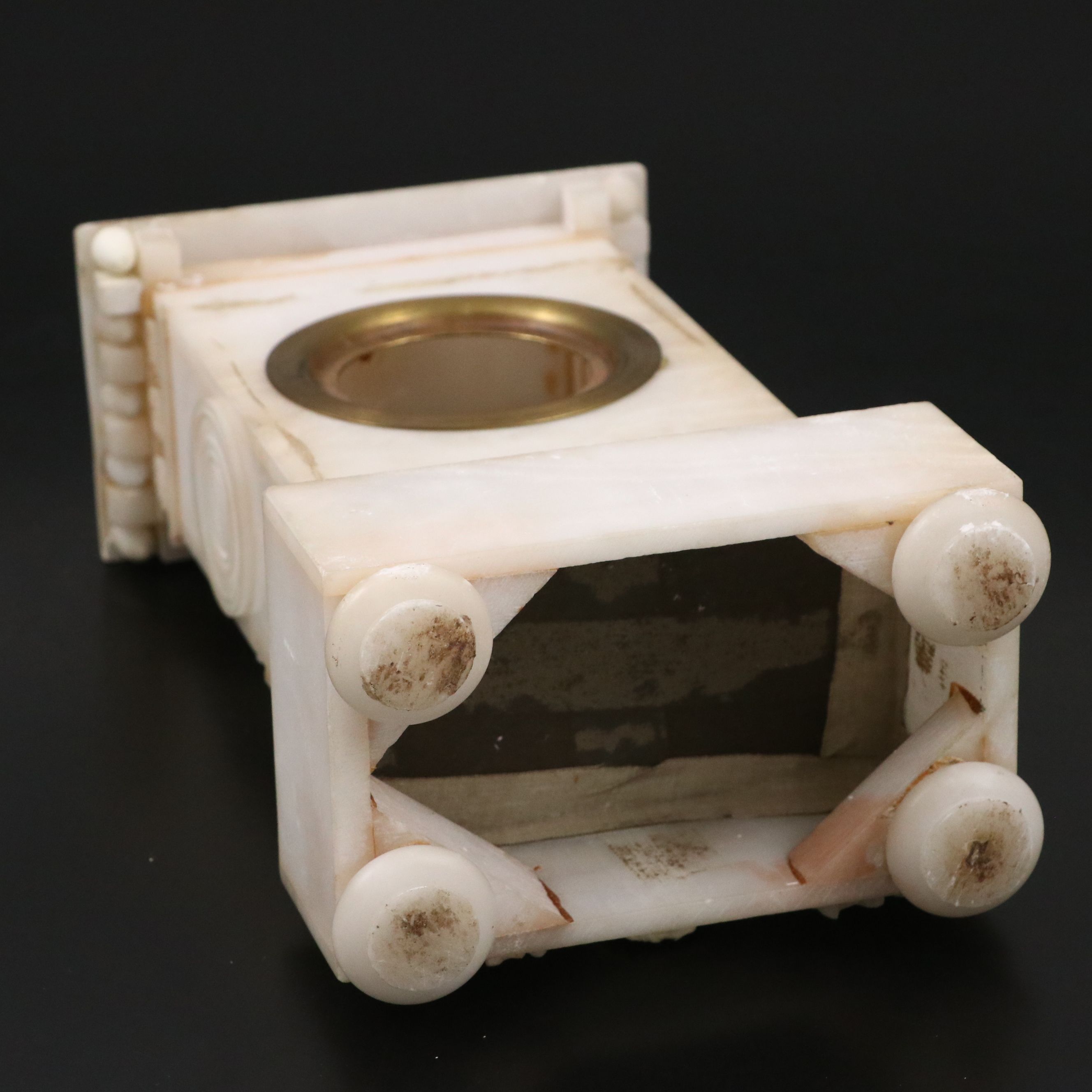 French Restoration Period Alabaster Portico Mantel Clock with Glass Cloche