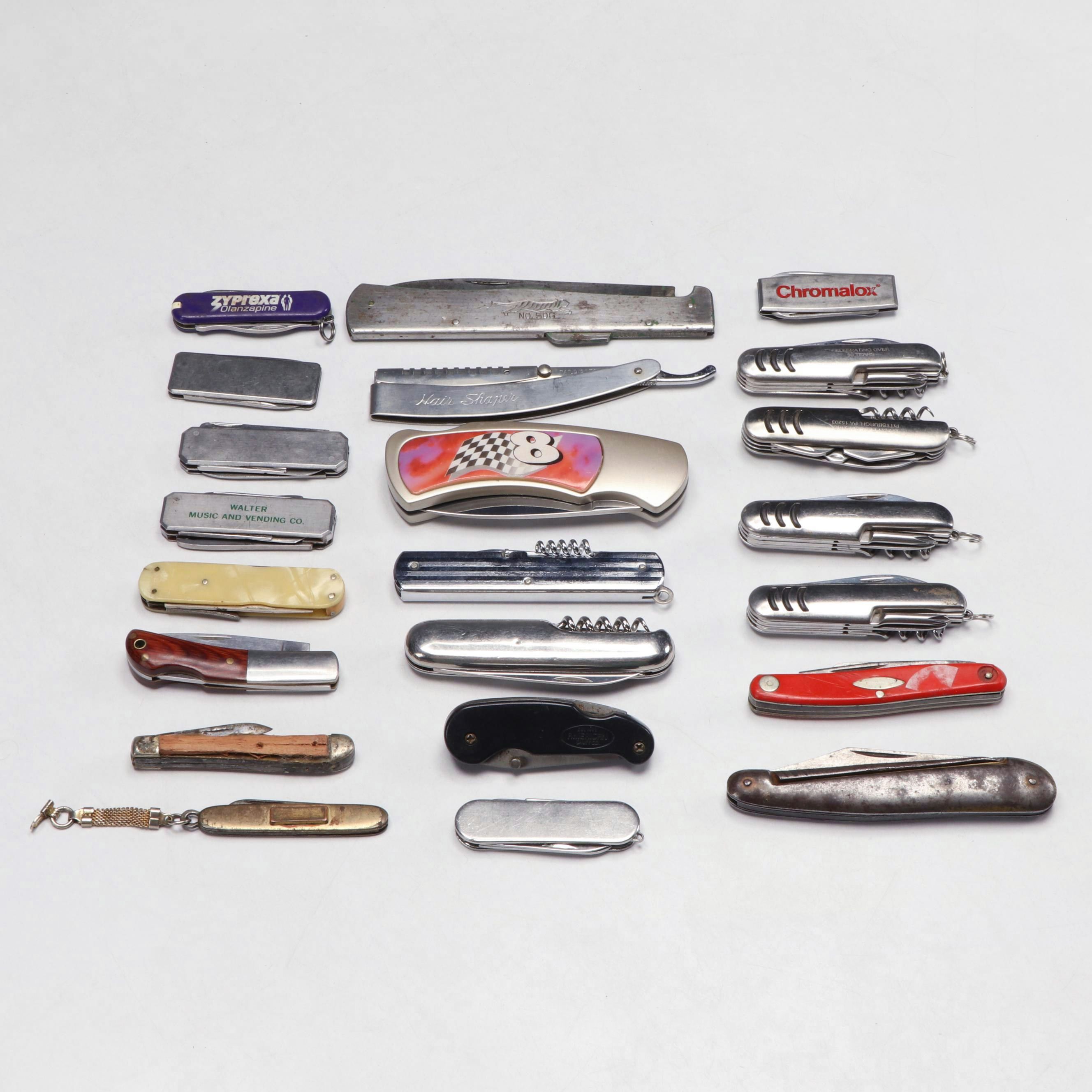 Collection of Stainless Steel Pocket Knives and Hair Shaper