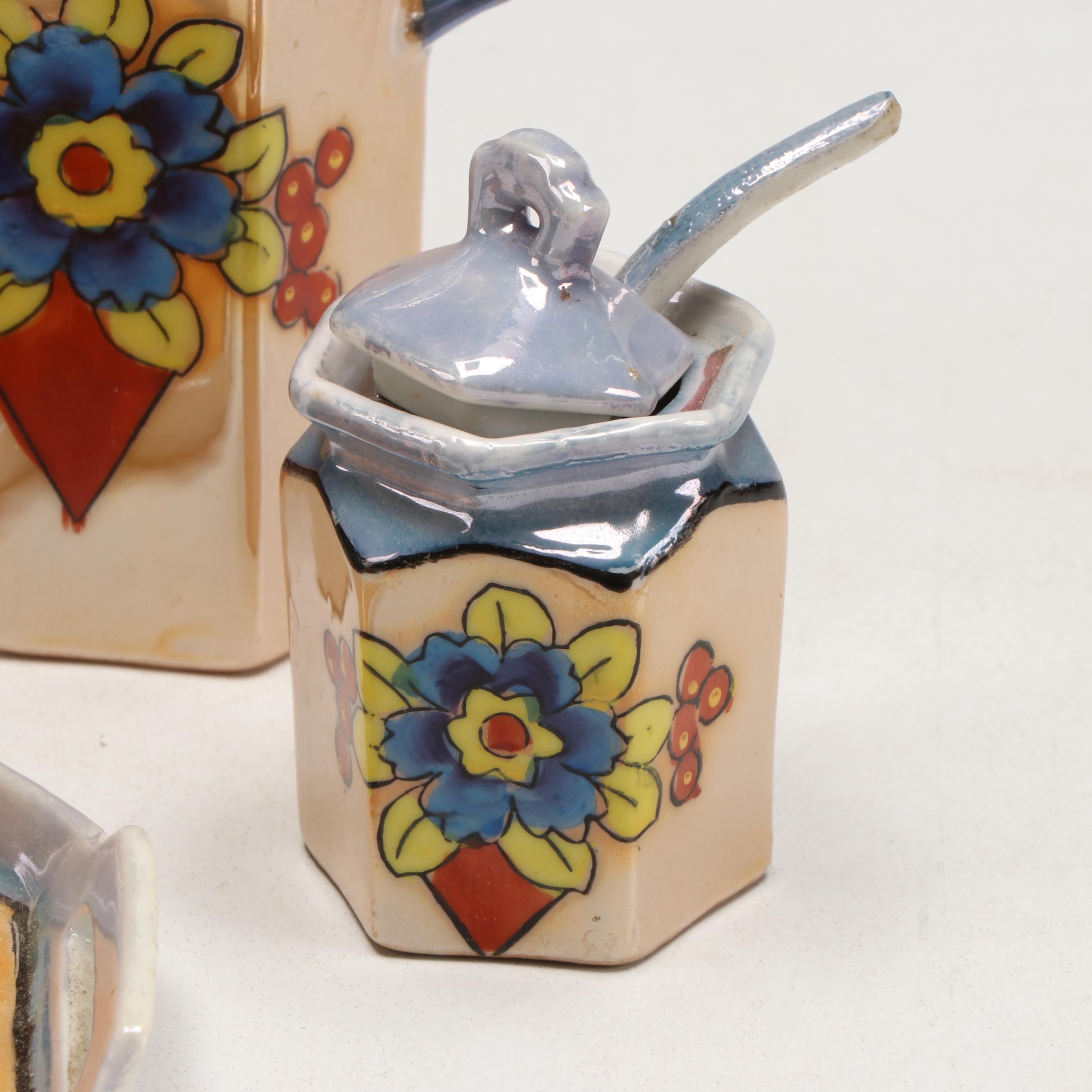 Japanese Hand-Painted Lusterware Bowl with Table Accessories, Mid-20th Century