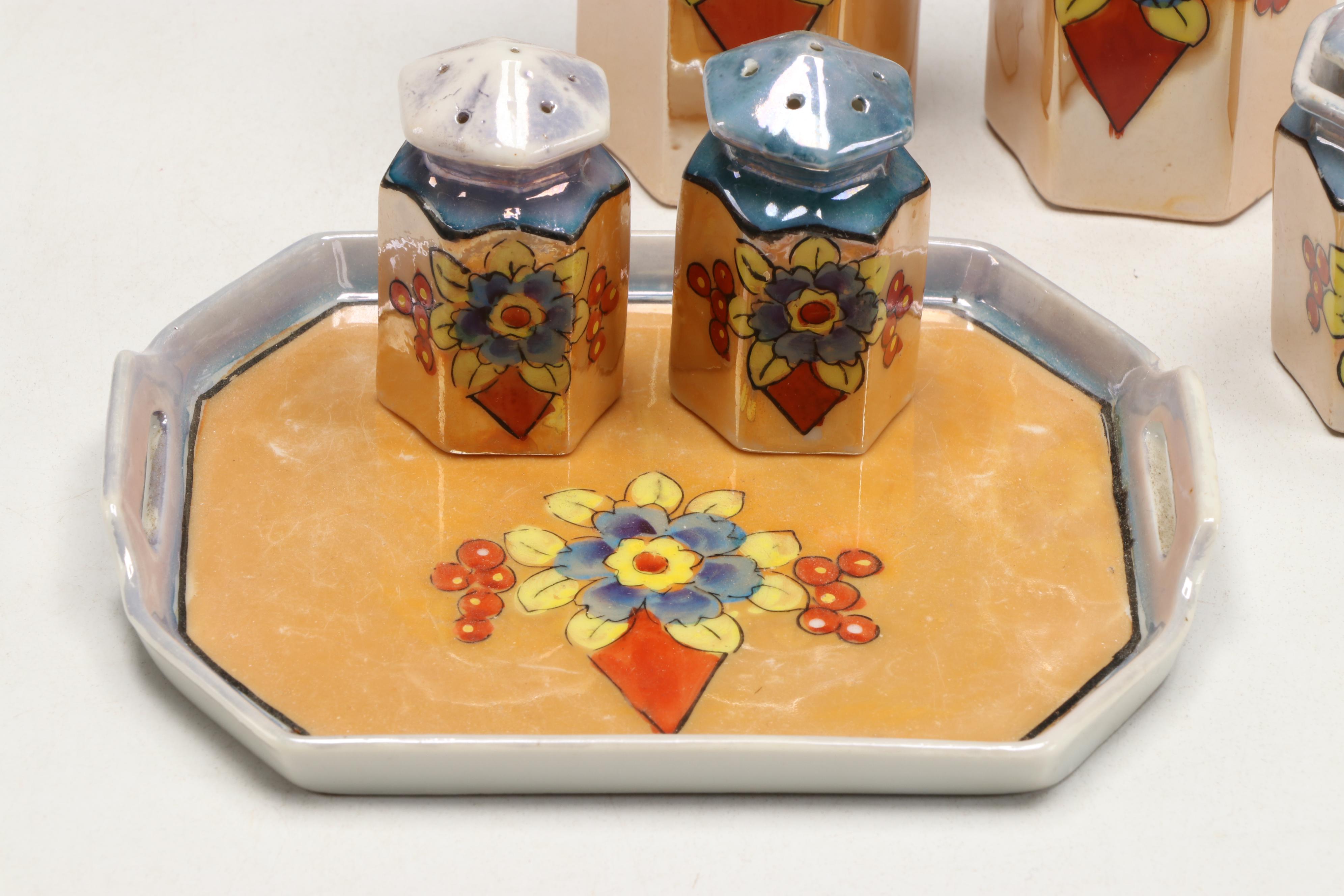 Japanese Hand-Painted Lusterware Bowl with Table Accessories, Mid-20th Century