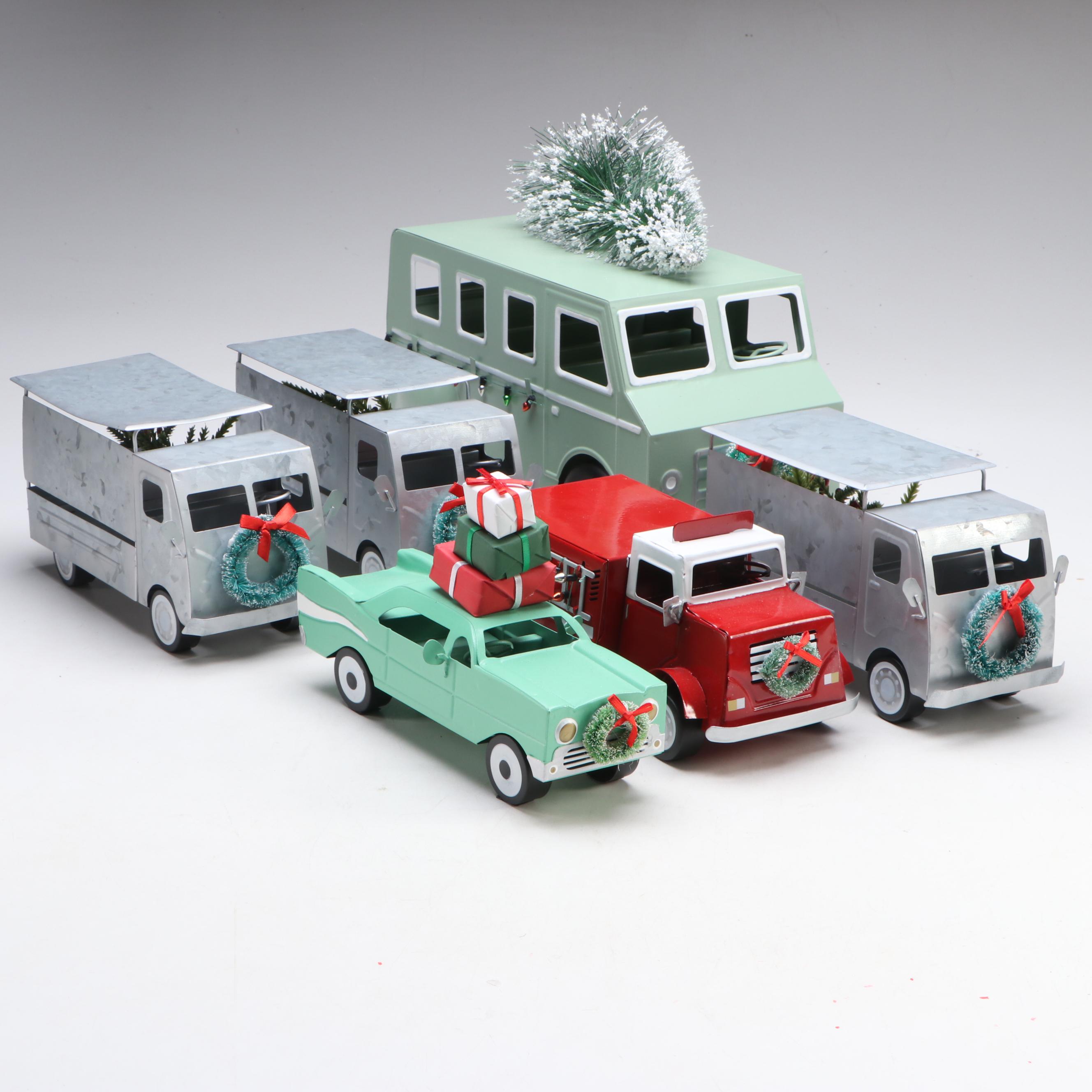 Metal Christmas Bus, Vintage Style Car and Fire Truck with Other Décor