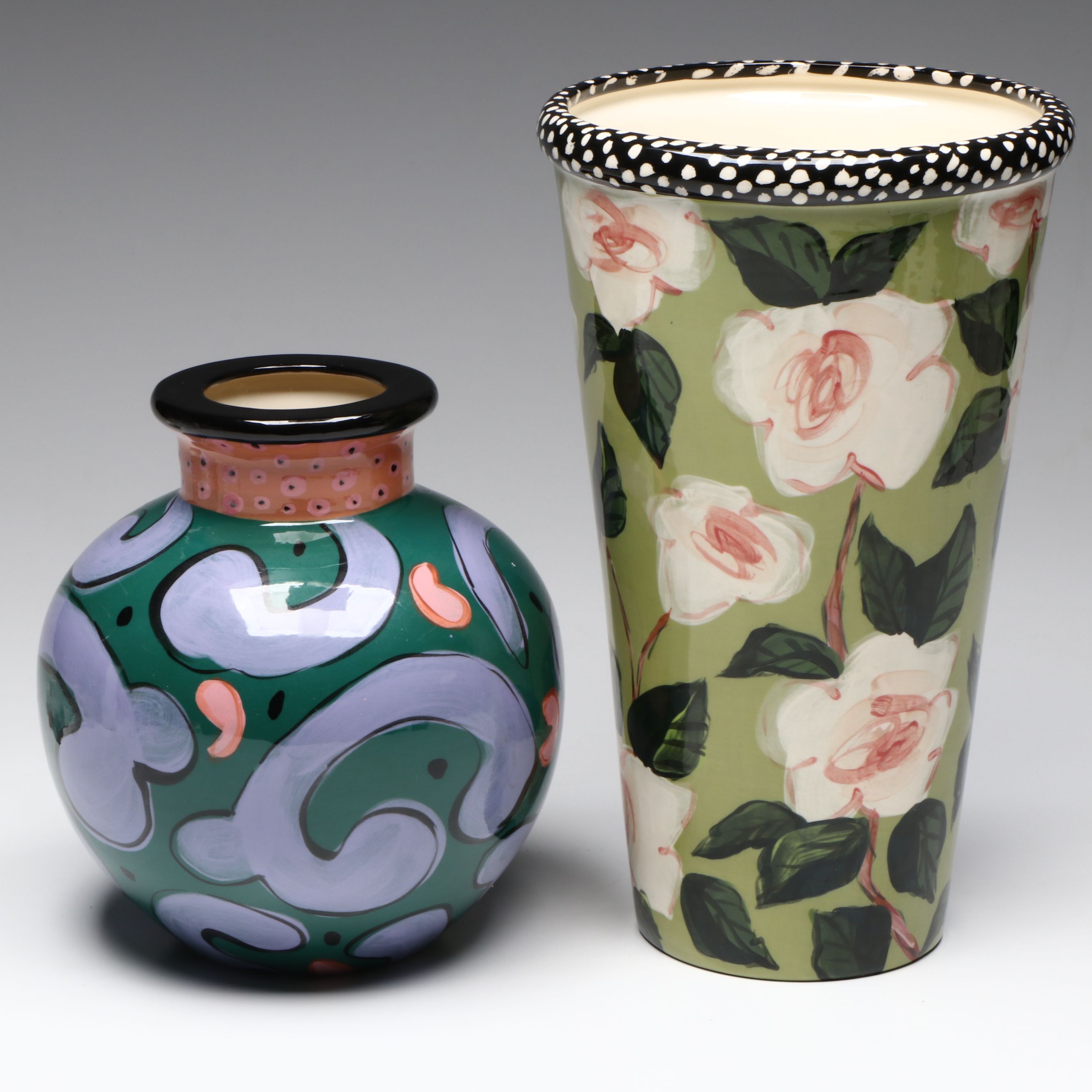 Droll Designs Hand-Painted Blossom and Abstract Spiral Vases