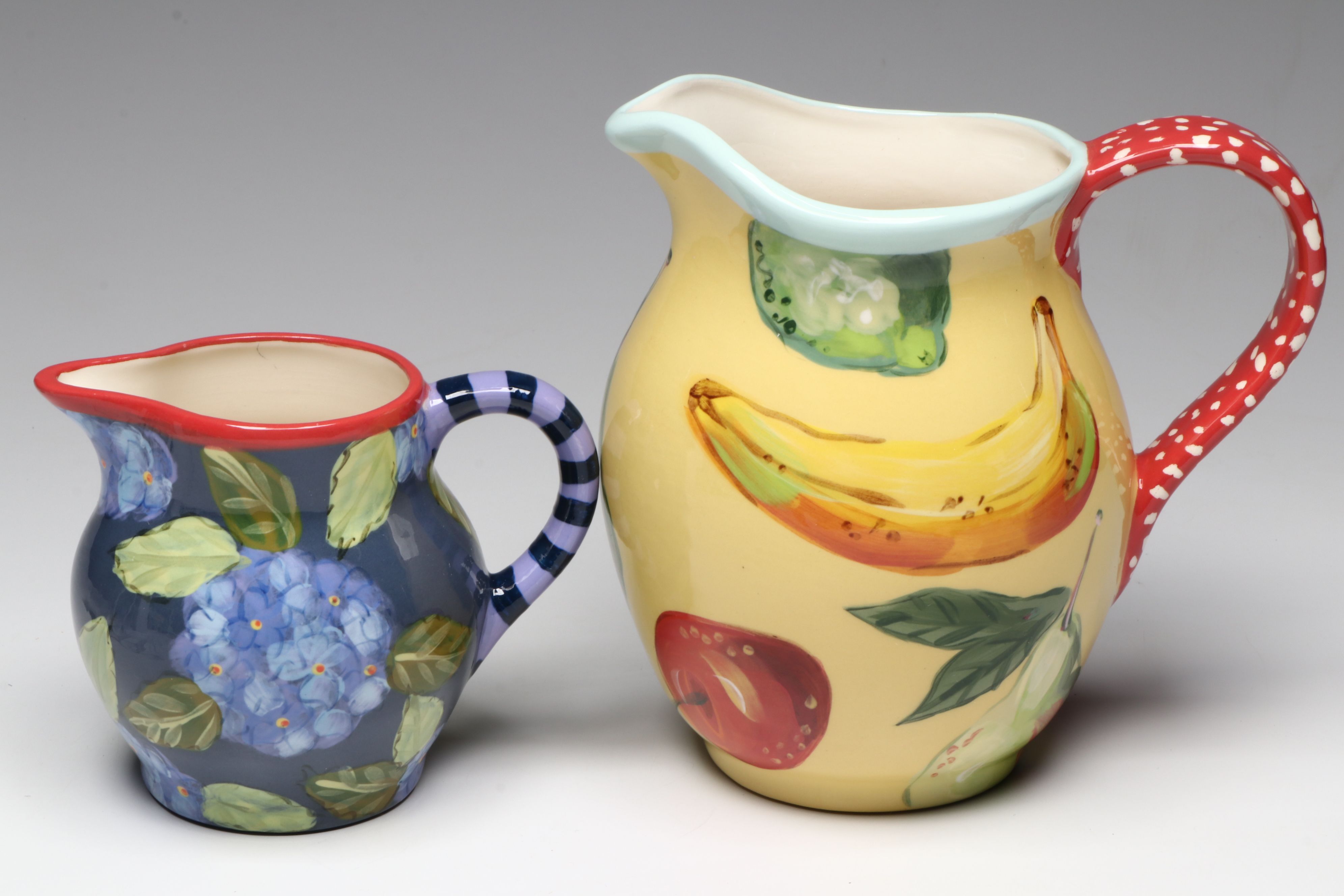 Droll Designs Hand-Painted Fruit and Hydrangea Motif Pitchers