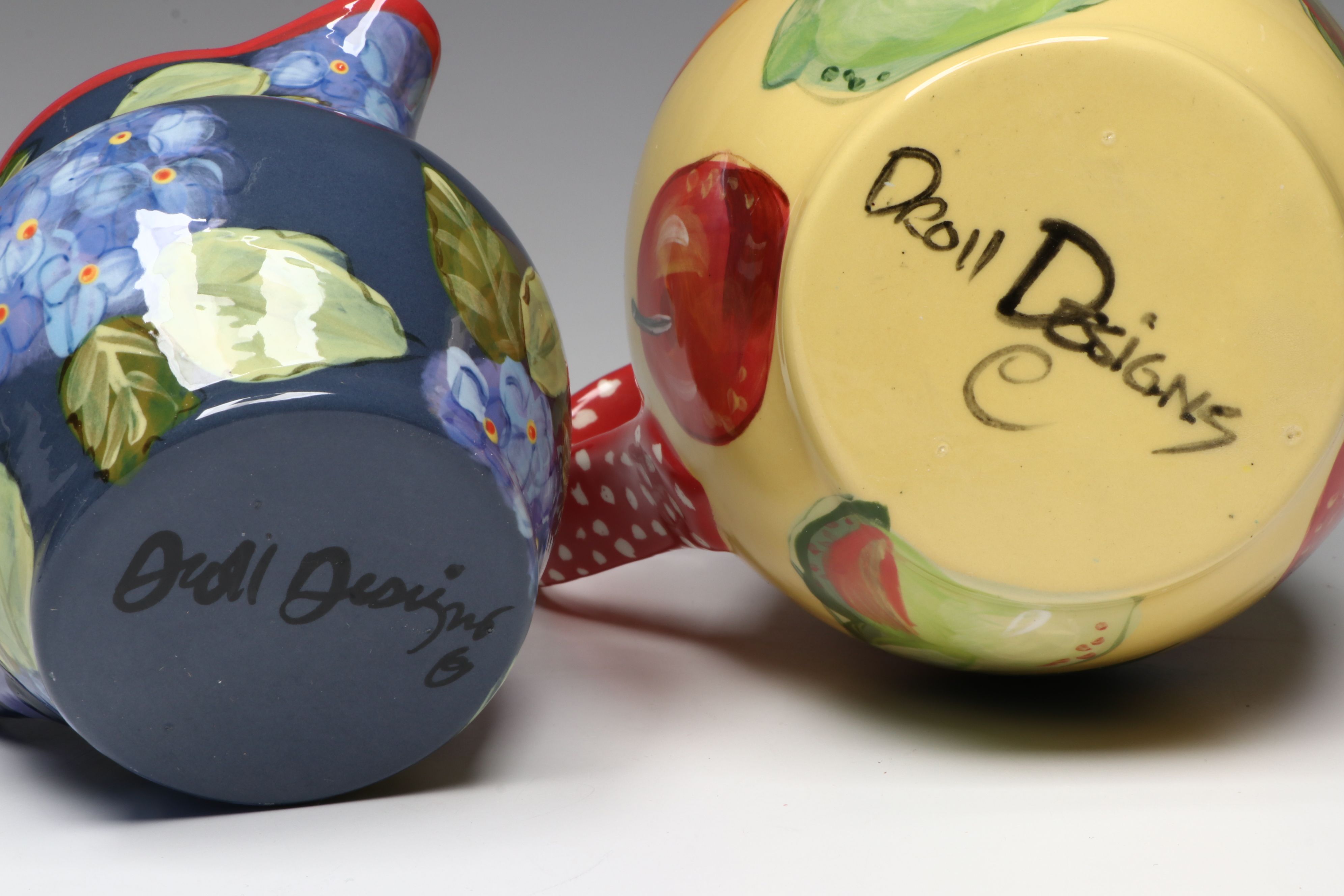 Droll Designs Hand-Painted Fruit and Hydrangea Motif Pitchers