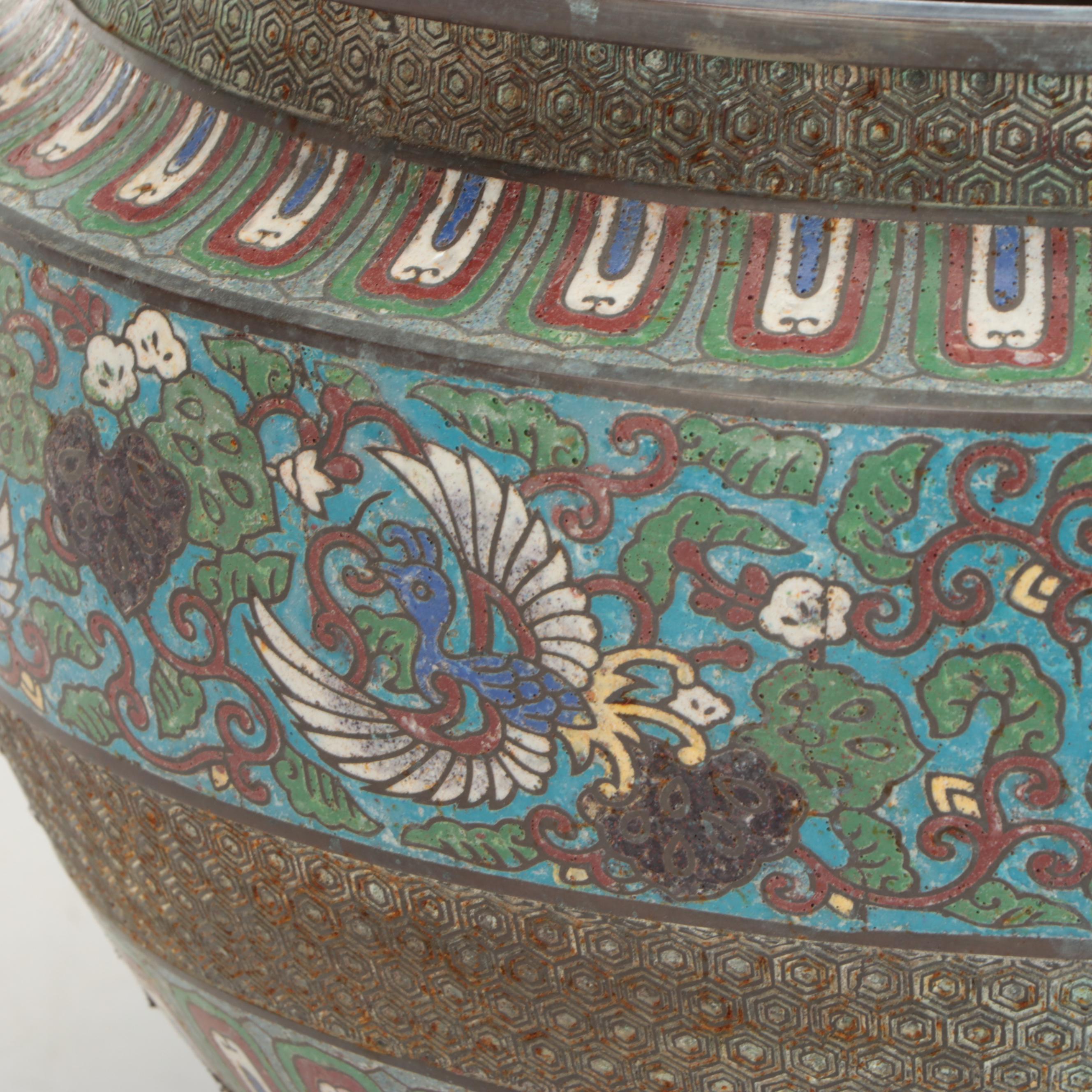 Japanese Meiji Period Phoenix Pattern Cloisonné Metal Jardinière