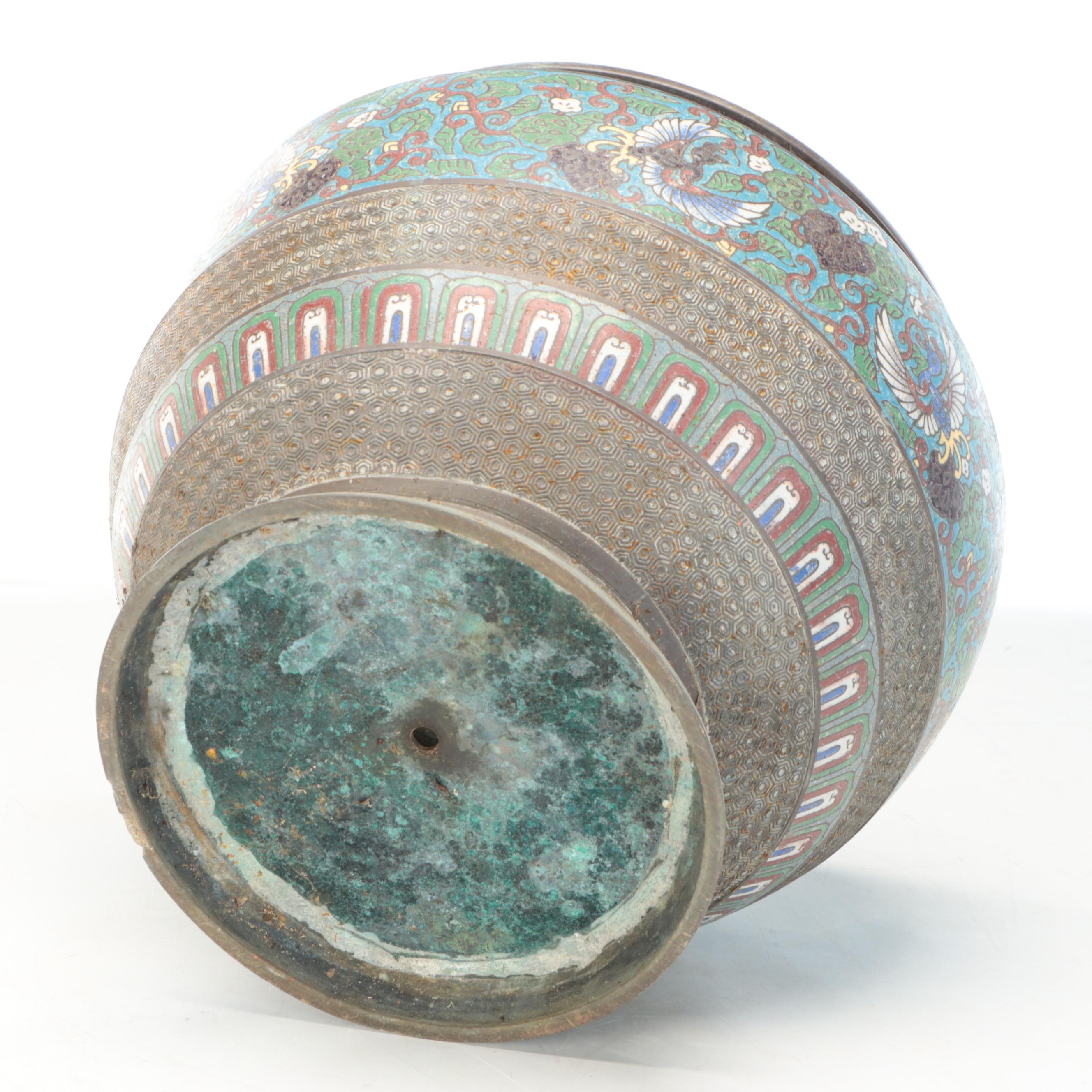 Japanese Meiji Period Phoenix Pattern Cloisonné Metal Jardinière