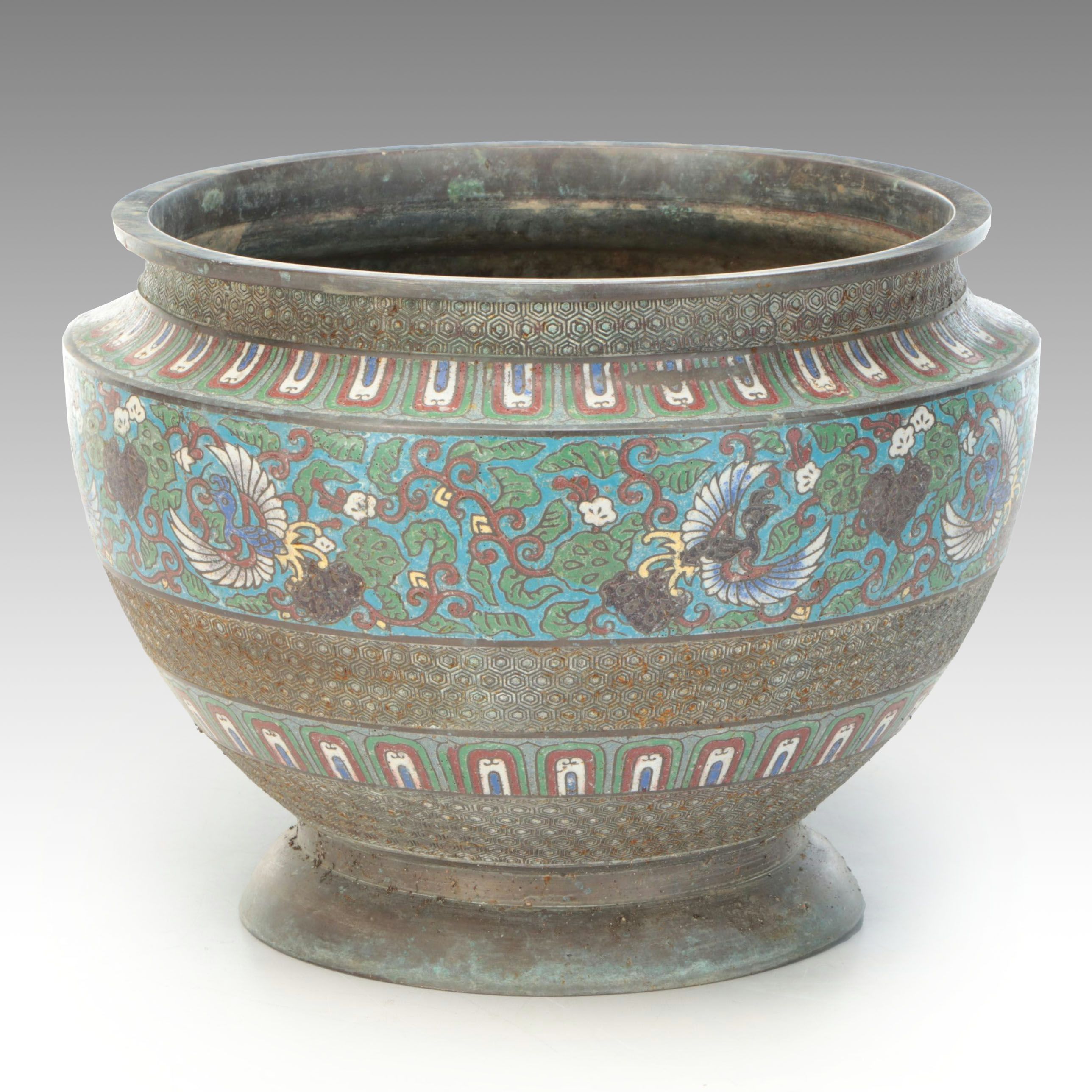 Japanese Meiji Period Phoenix Pattern Cloisonné Metal Jardinière