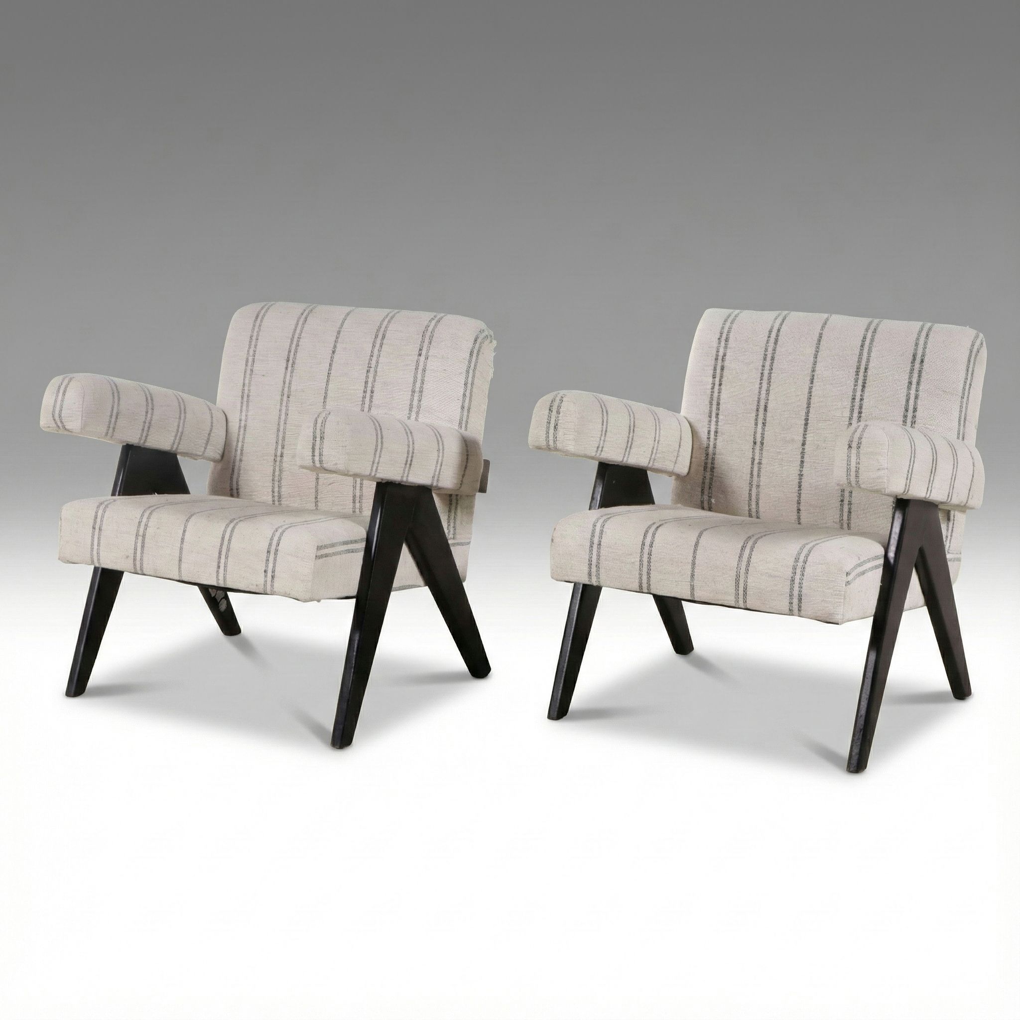 Contemporary Mid Century Modern Style Ebonized Wood and Upholstered Armchairs