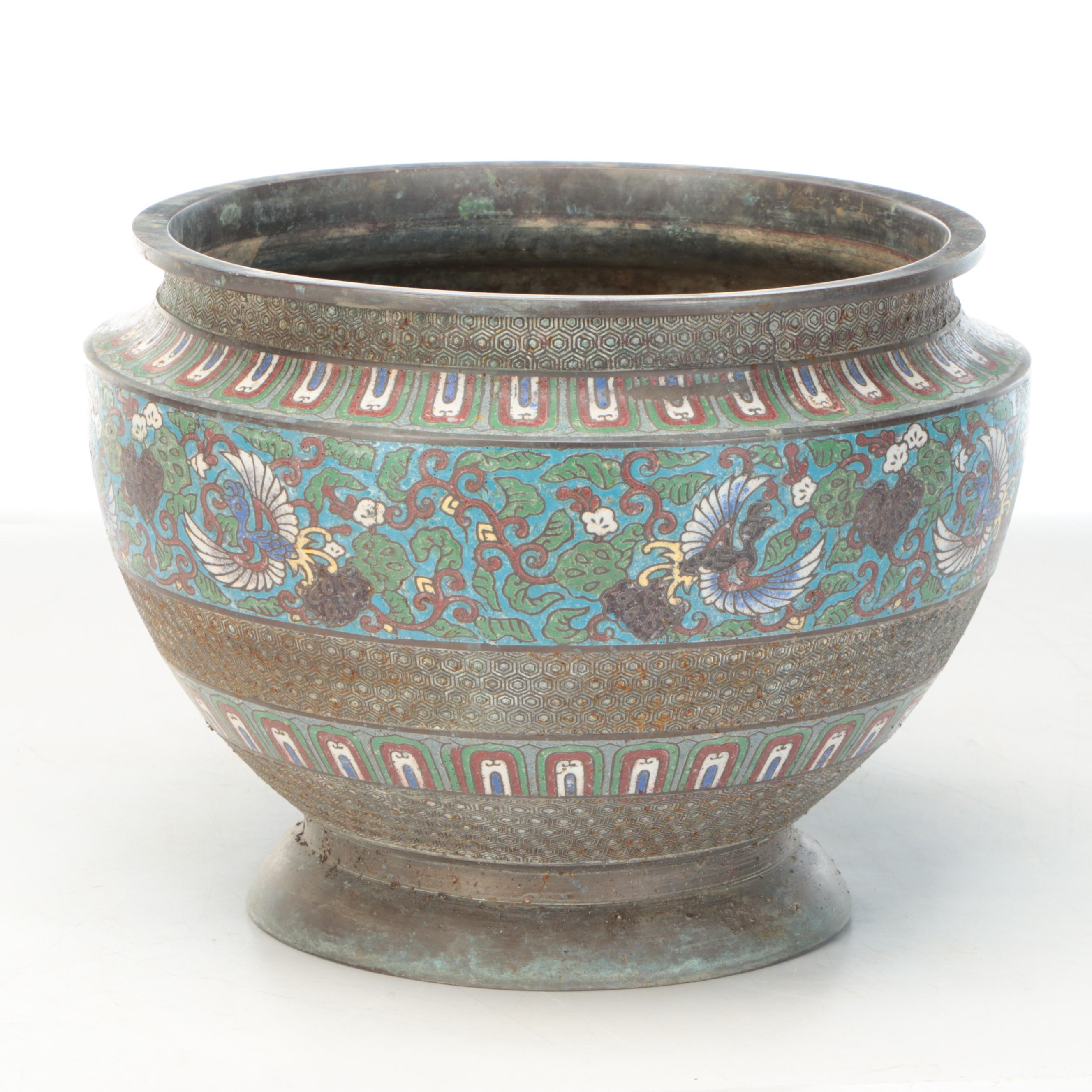 Japanese Meiji Period Phoenix Pattern Cloisonné Metal Jardinière