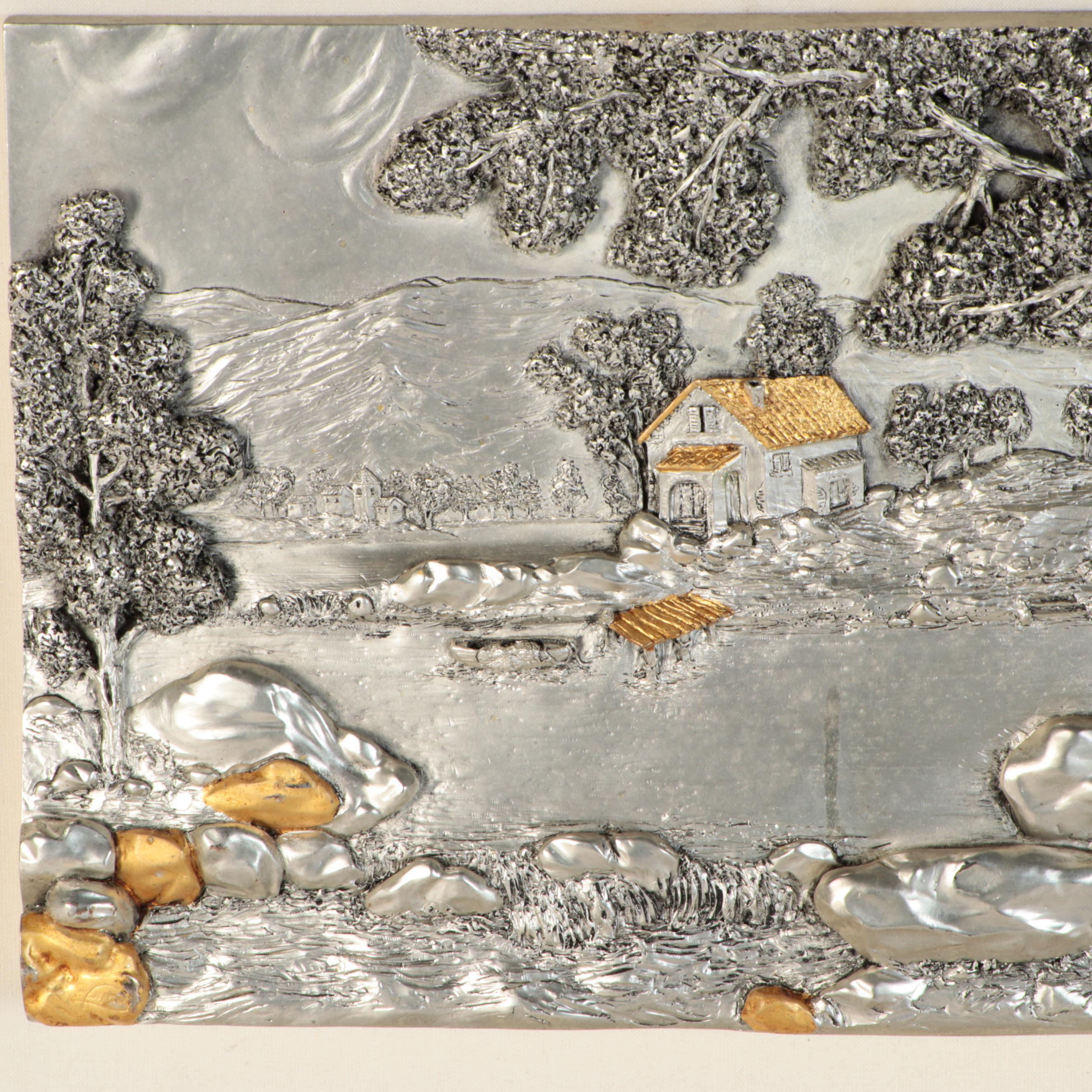Italian Sculpted Gilt Sterling Silver Bucolic Landscape Relief"Country Cottage"