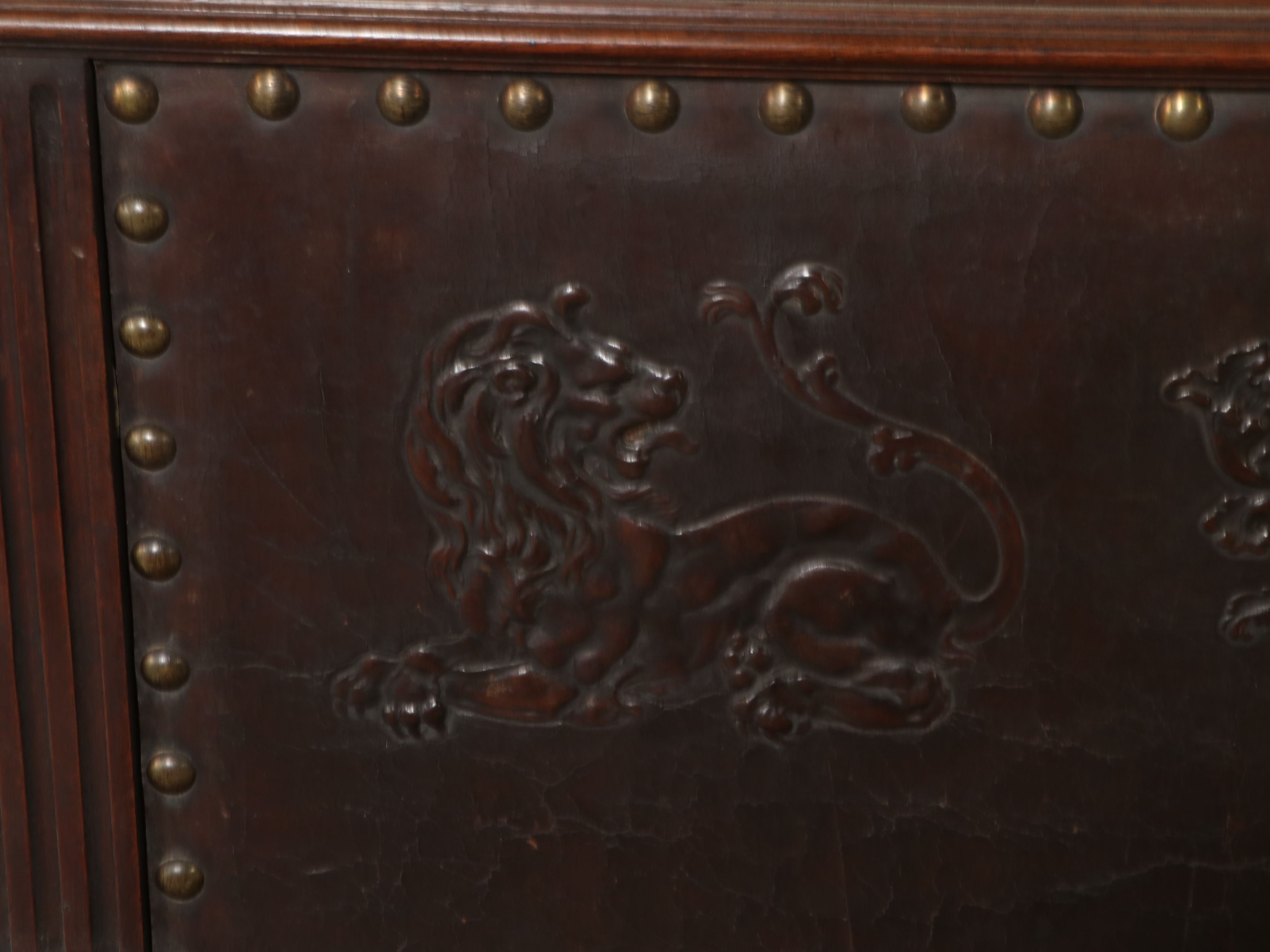 Antique Dark Oak Hall Settle Bench with Leather Back and Seat