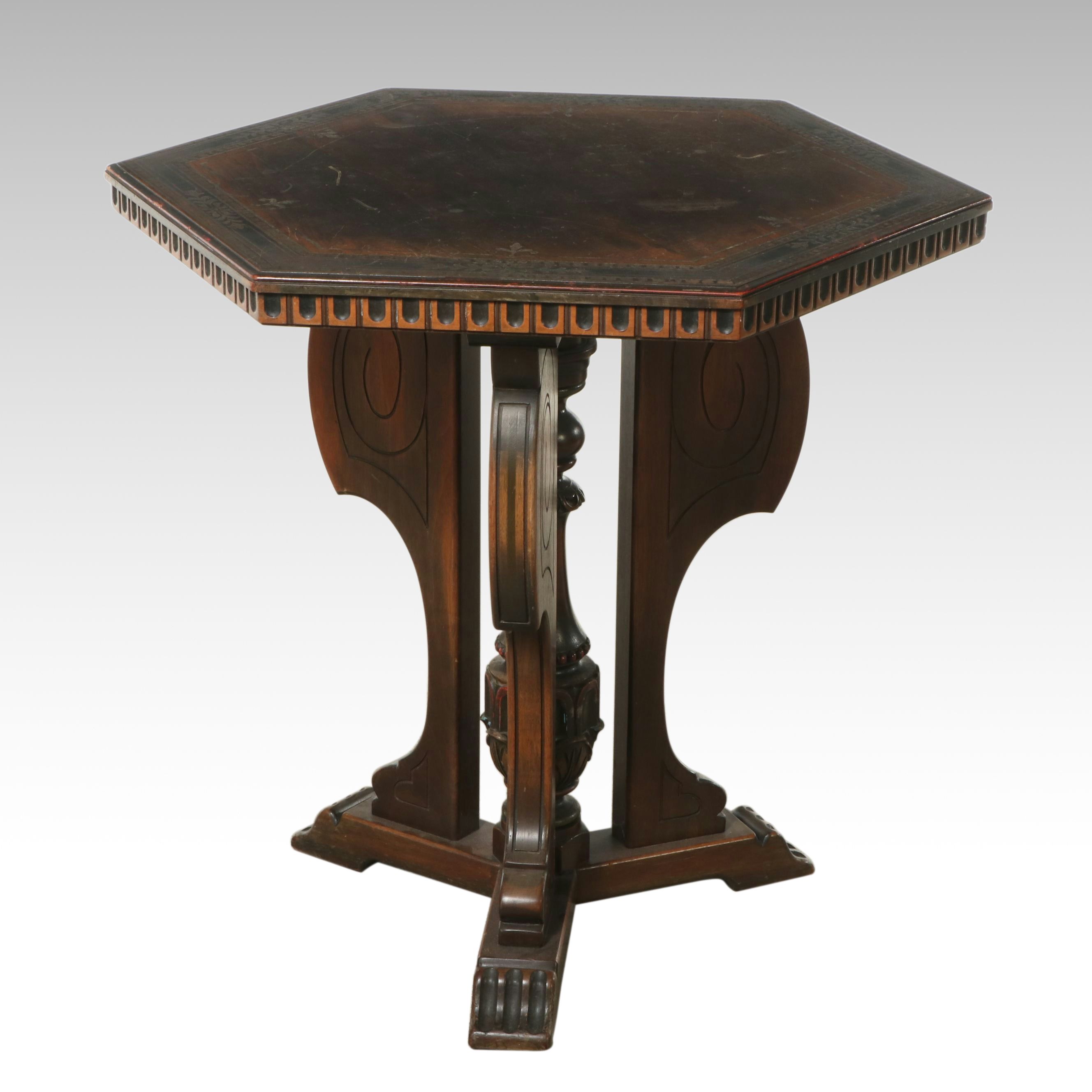 Eastlake Style Carved and Incised Walnut Hexagonal Hall Table, Early 20th C.